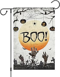 Louise Maelys Halloween Skull Pumpkin Garden Flag 12x18 Double Sided, Burlap Small Spooky Boo Welcome Halloween Yard House Flags Seasonal Holiday Outdoor Outside Decor (ONLY FLAG)