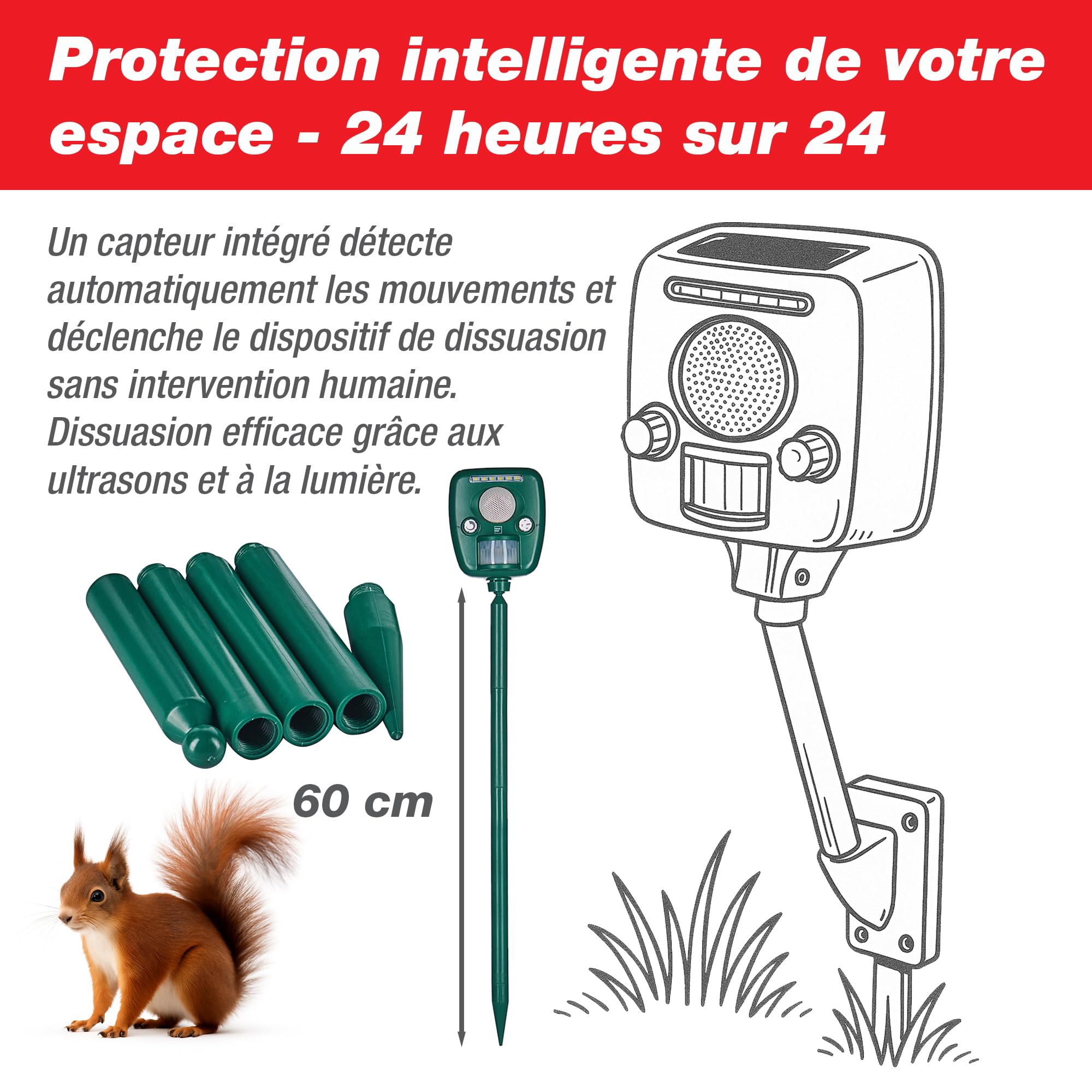 SWISSINNO Répulsif Chat Ultrason Animaux Pro Solaire 150 m² extérieur | Panneau Solaire, Répulsif Ultrasons Animaux, Chiens martres renards, flash LED, sirène, jour et nuit, electrique