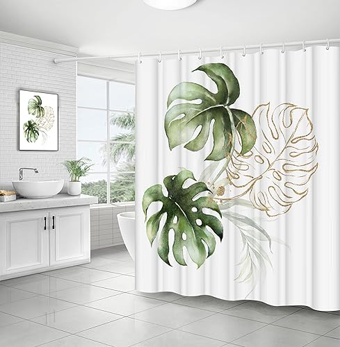 Cortina de ducha con hojas de palma, hojas de selva, bañera, baño, hogar, decoración tropical, con 12 ganchos, tela de poliéster impermeable y