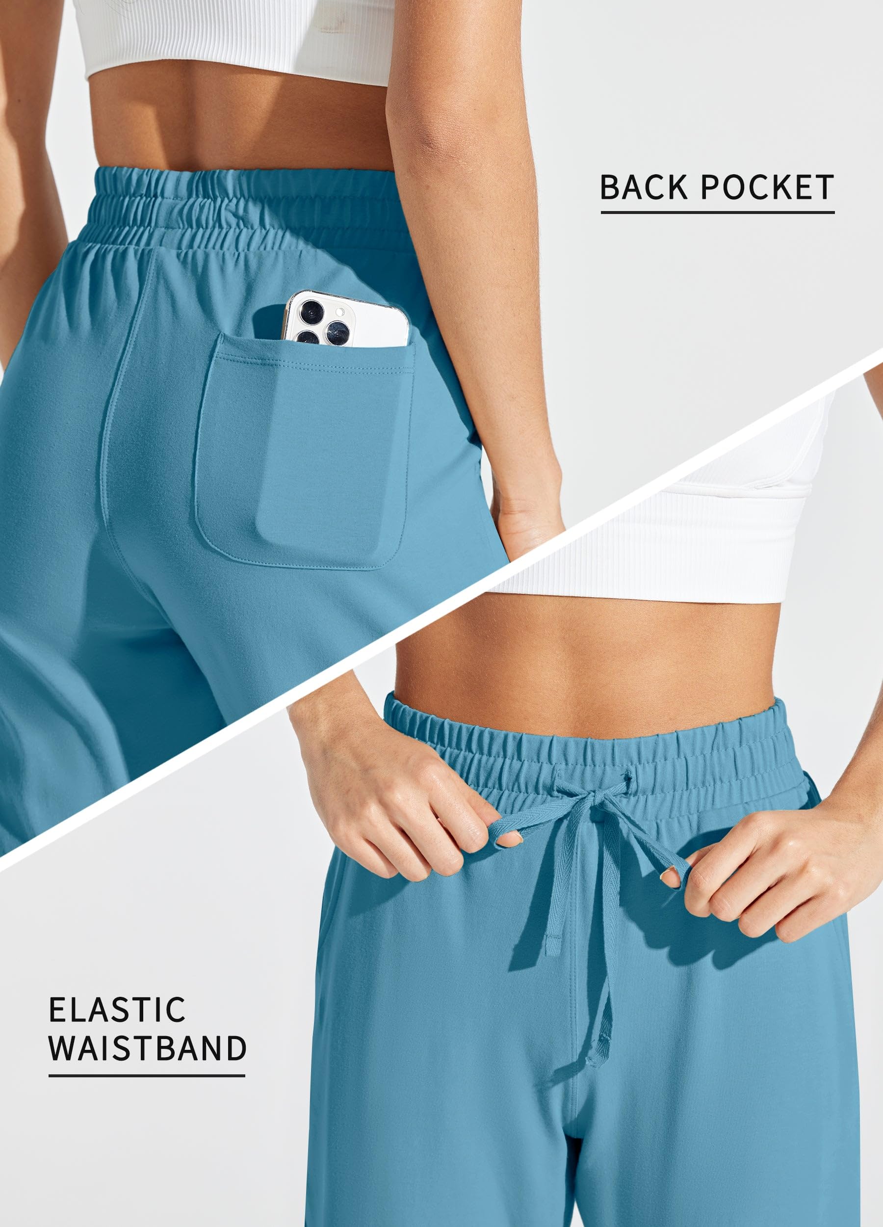 Willit Pantacourt de yoga en coton pour femme - Pantalon de yoga décontracté à jambes larges avec poches - 50,8 cm, bleu océan, Taille L