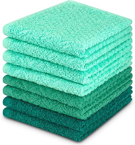 DecorRack Paquete de 8 paños de lavado 100% algodón, lujosos, suaves, de 12 x 12 pulgadas, ultra absorbentes, lavables a máquina, verde azulado