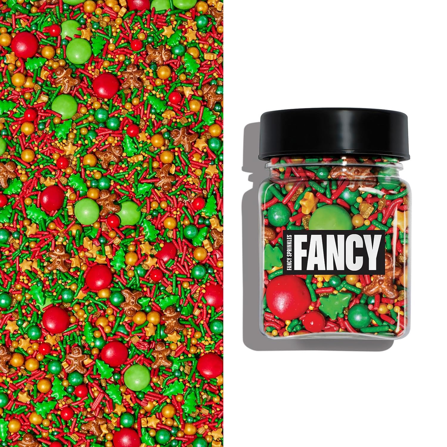 Fancy Sprinkles Limited Edition Holiday Holladaze Sprinkles Red, Green and Gold Blend of our ignature Crunchy Jimmies, Candy Trees, Stars and Gingerbread Men, and Chocolate Gems (0.25c)