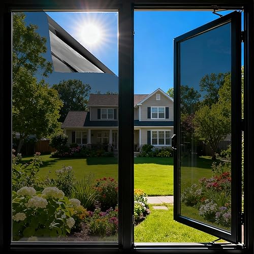 One Way Privacy Window Film See Out Not in, Sun UV Heat Blocking Window Tint for Home, Reflective Mirror Static Clings, Black-Silver, 15.7 Inch x 16.4 Feet