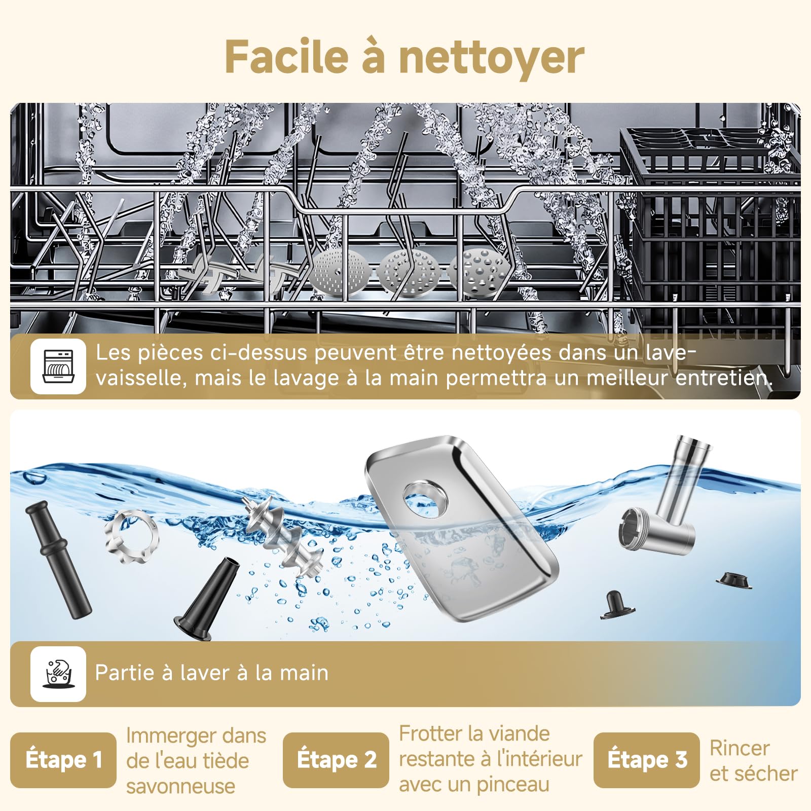 Hachoir a viande AOBOSI 3-en-1 Hachoir à viande électrique avec 3 plaques de coupe en inox, 1 Kubbe et 1 tubes de remplissage pour saucisses, moteur [3000w Max], Hachoir avec 2 lames.
