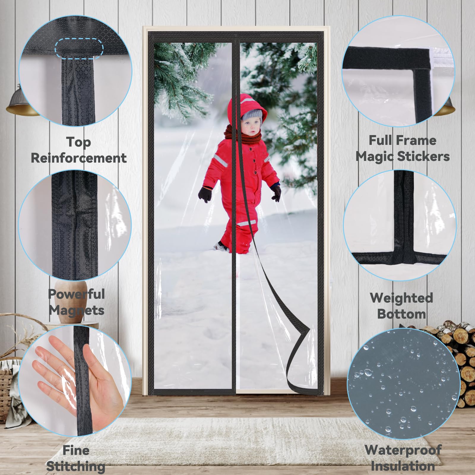 Magnétique Rideau Isolant Thermique Porte, Rideau Anti Froid | 90x200cm Noir EVA Transparent d'hiver Rideau Porte Thermique Imperméable Épreuve Isolation Porte pour Balcon Salon