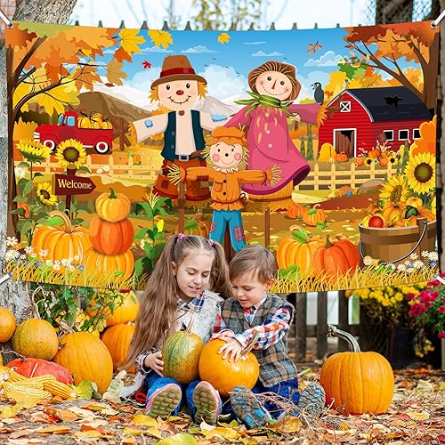 Miniatura 3 de Fondo de fotos de Acción de Gracias de otoño, 72.83 x 43.31 pulgadas, pancarta de cosecha de otoño, espantapájaros, calabaza, girasol, decoración