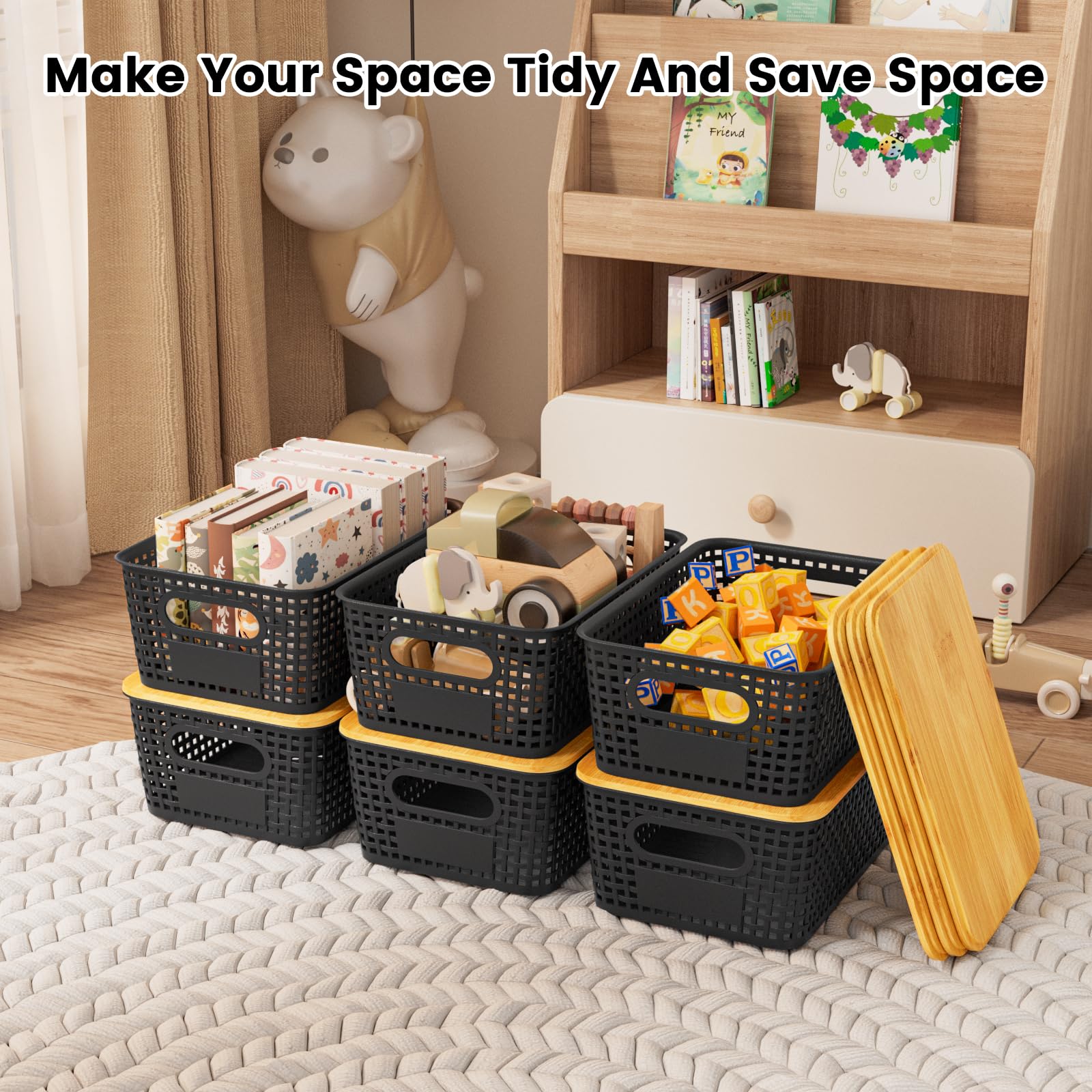 6er-Set Aufbewahrungsbox mit Bambus Deckel, 5L Aufbewahrungskorb, Kunststoff Korb Aufbewahrung, Küchen Aufbewahrungsboxen für Regale, Schränke, Schränke und Zuhause (Schwarz)