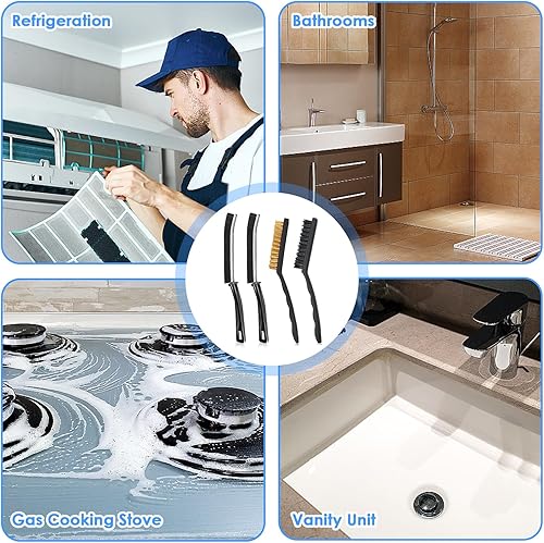 Miniatura 6 de Juego de 4 cepillos de limpieza de hendiduras de cerdas rígidas de nailon y latón, cepillo de eliminación de óxido de metal, herramientas de