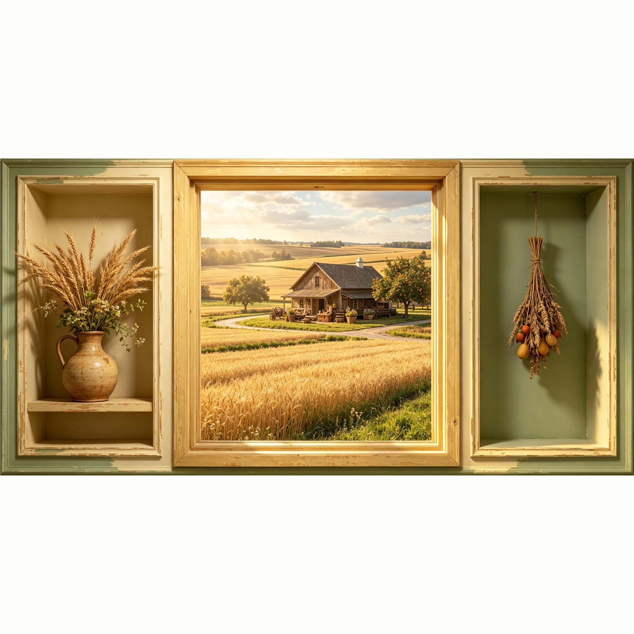 QZLITHOTIC 50x100cm 3D Framed Wall Art， Farmhouse Wheat Field Cabin Self‑Adhesive Mural， Water‑Activated Peel & Stick Fabric Decor Wall Decal for Bedroom Living Room