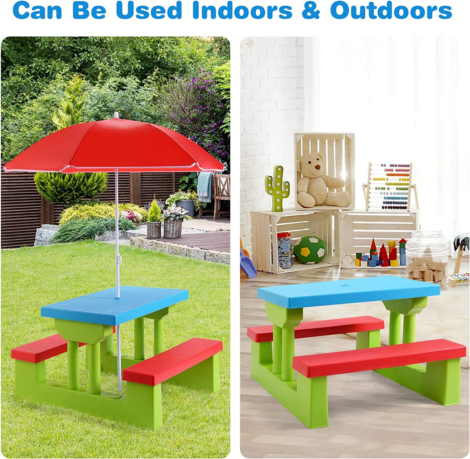 Ensemble de table de pique-nique pour enfants, banc de jardin et table avec parasol amovible, table de jeu pour enfants pour garçons et filles, jaune + bleu + rouge
