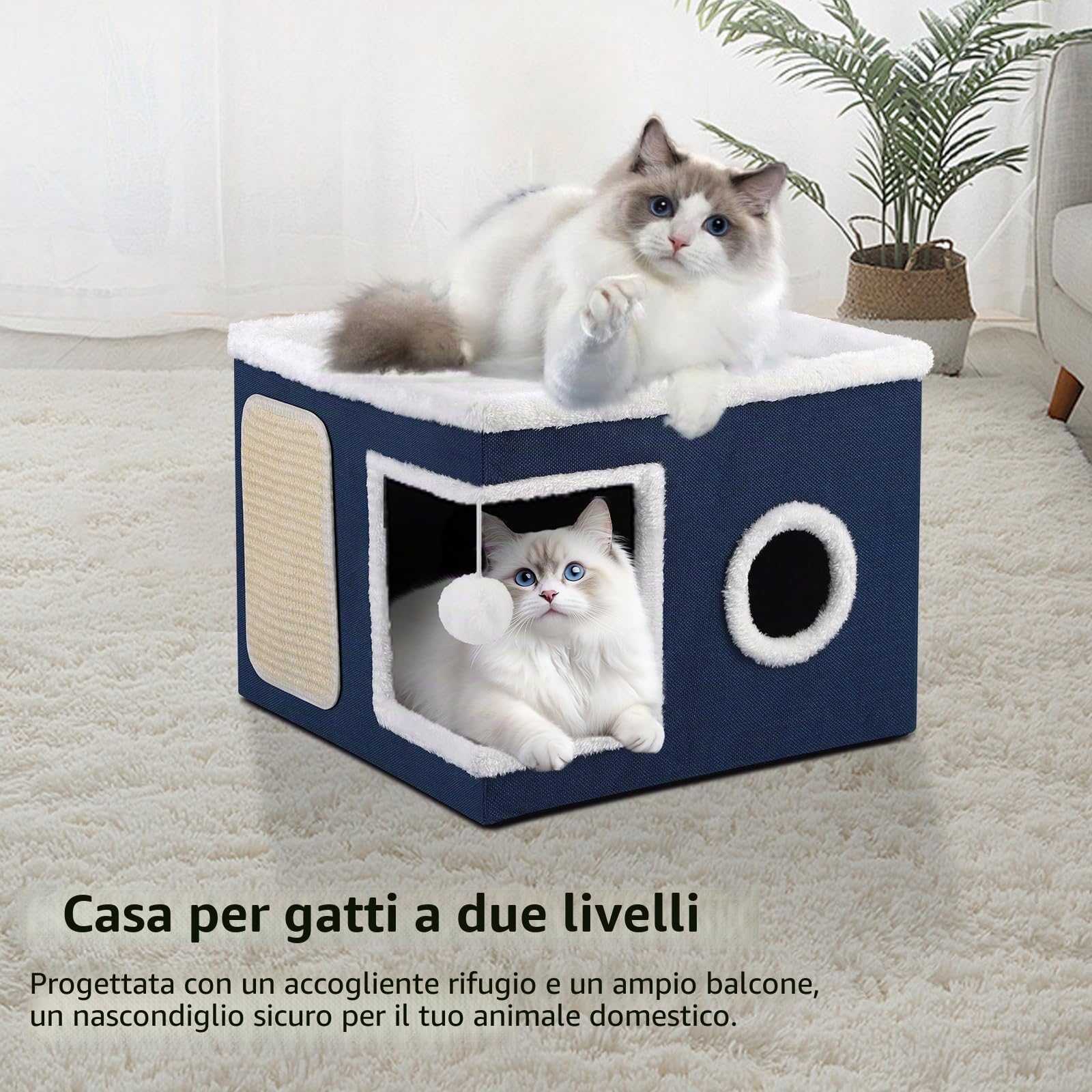 Cuccia per gatti pieghevole per Gatti indoor, 43*43*32 cm, grande cuccia per gatti con accogliente cuccia, palla sospesa, finestra rotonda, cubo per gatto a 2 strati con morbidi cuscini bifacciali,Blu