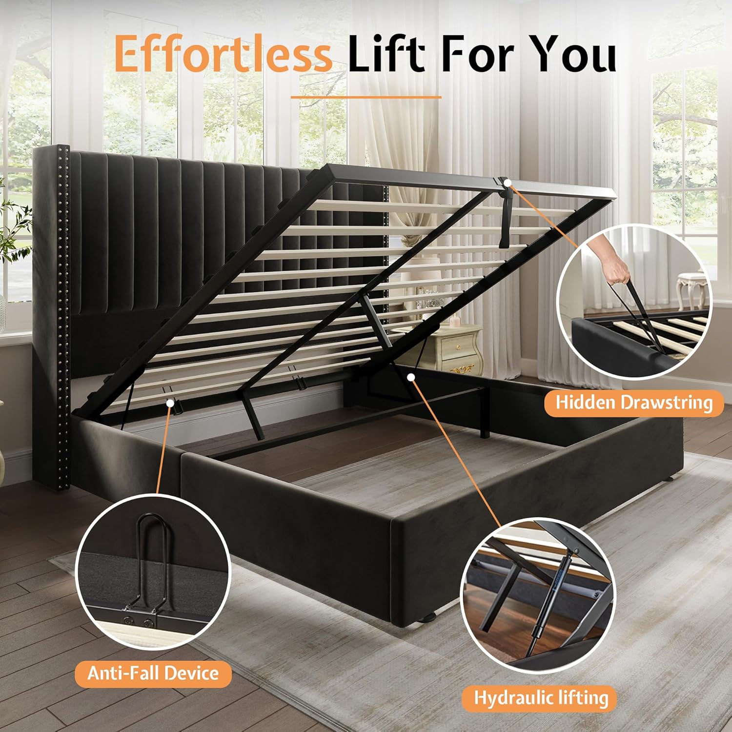 Jocisland Upholstered Queen Size Lift up Storage Bed Frame, Platform Bed Velvet with Channel Tufted Wingback Headboard, No Box Spring Needed, Black