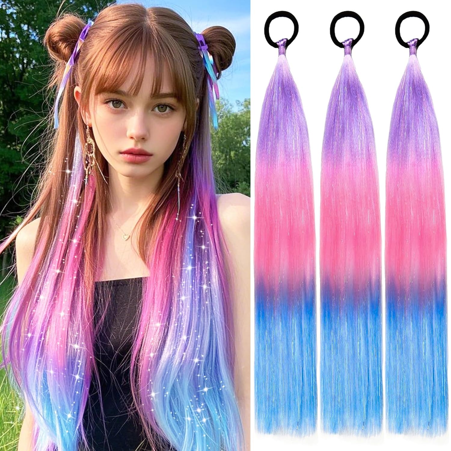 PORSMEER 3 Pack 24 Inch Hair Tinsel Colored Braided Ponytail Extension Gradient Hair Extensions with Elastic Tie Straight Sleek Wrap Around Hair for Braids (Light purple/Pink/Blue)
