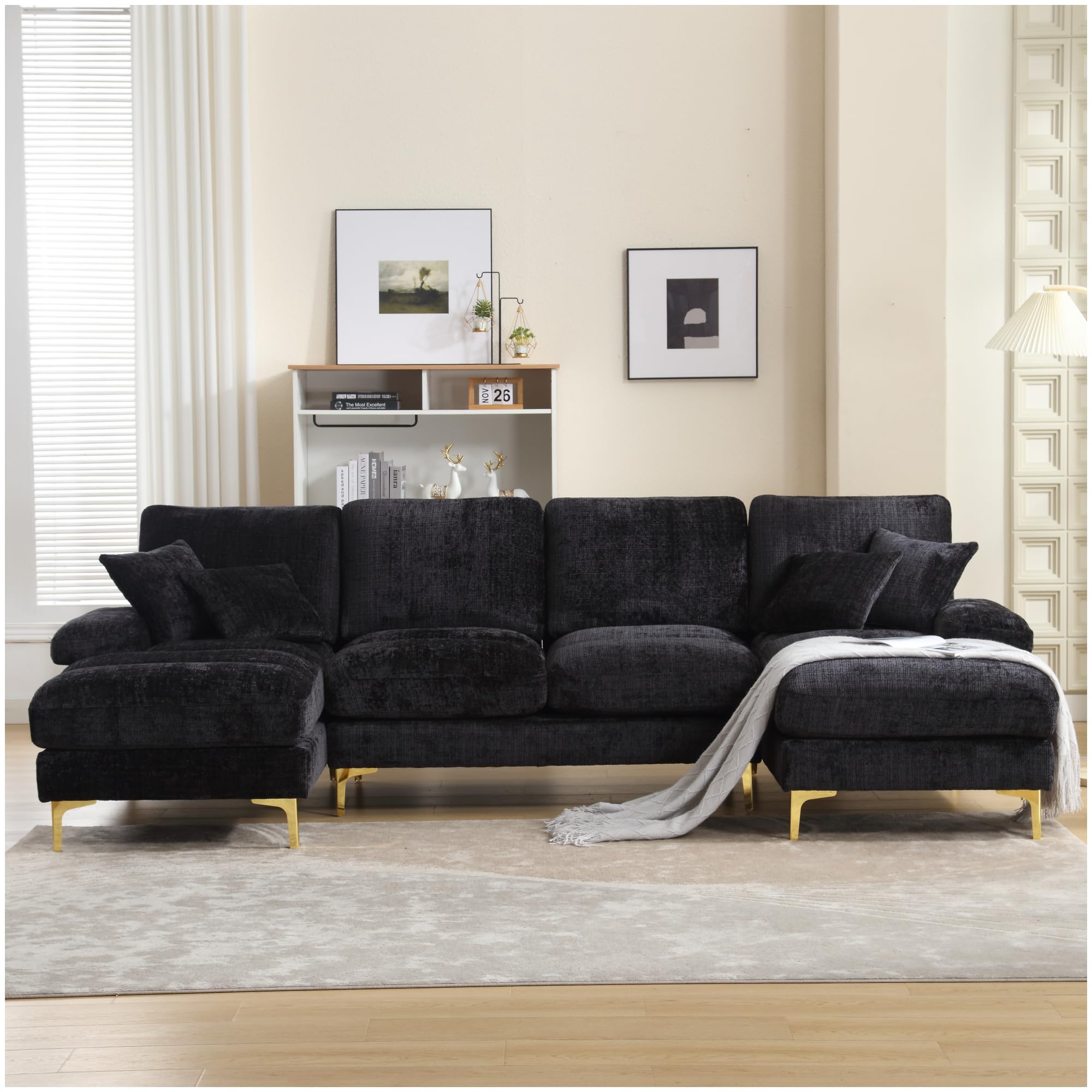 Racxily Sofá 4 plazas con Cojines, sofá esquinero, sofá Modular en U, diseño Moderno, sofá de salón, Chenilla (Negro)