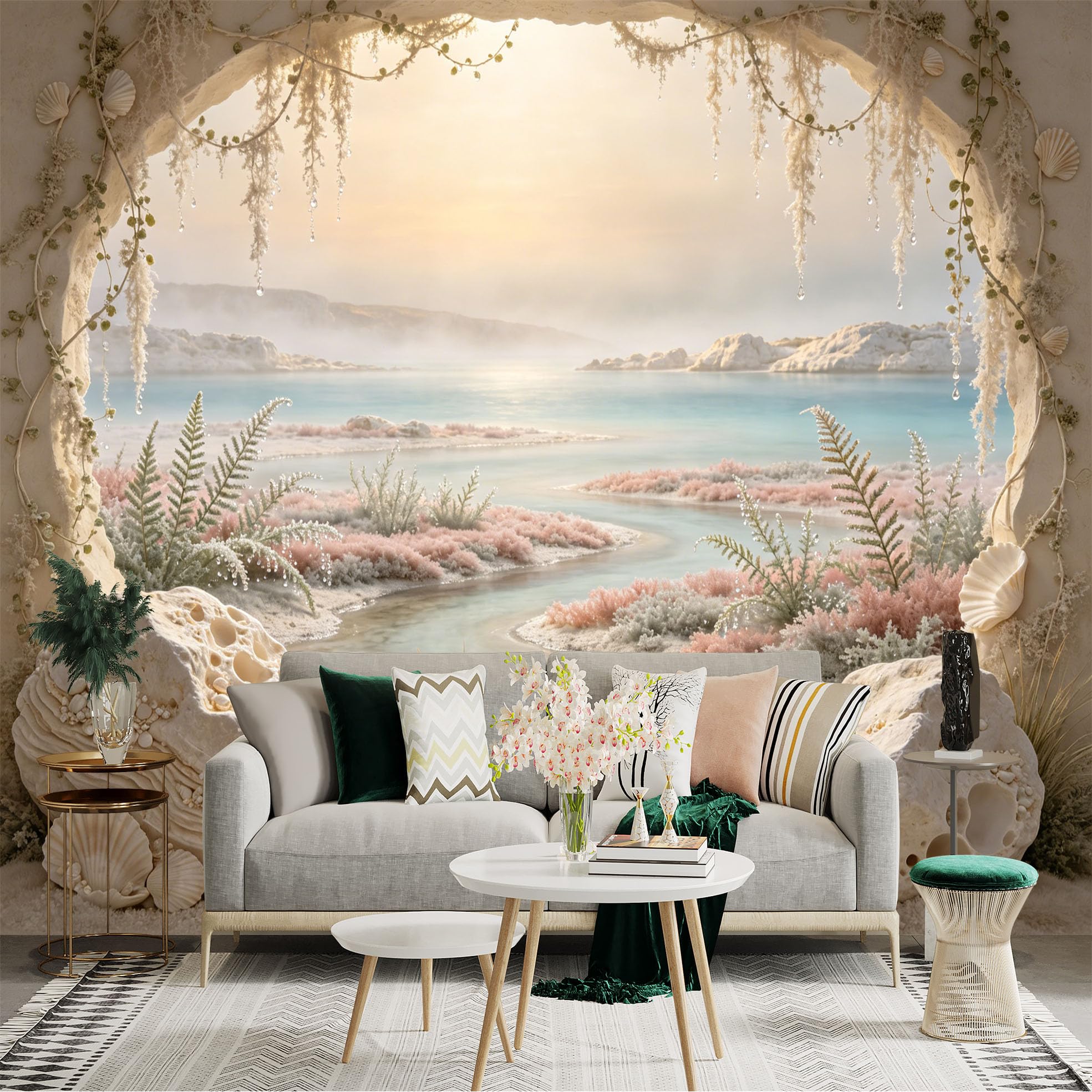 Custom Size Wall Sticker Mural， Coastal Cave View with Seashells and Pink Coral Seaside Landscape， for wall Decoration， peelandstick wall Decals.