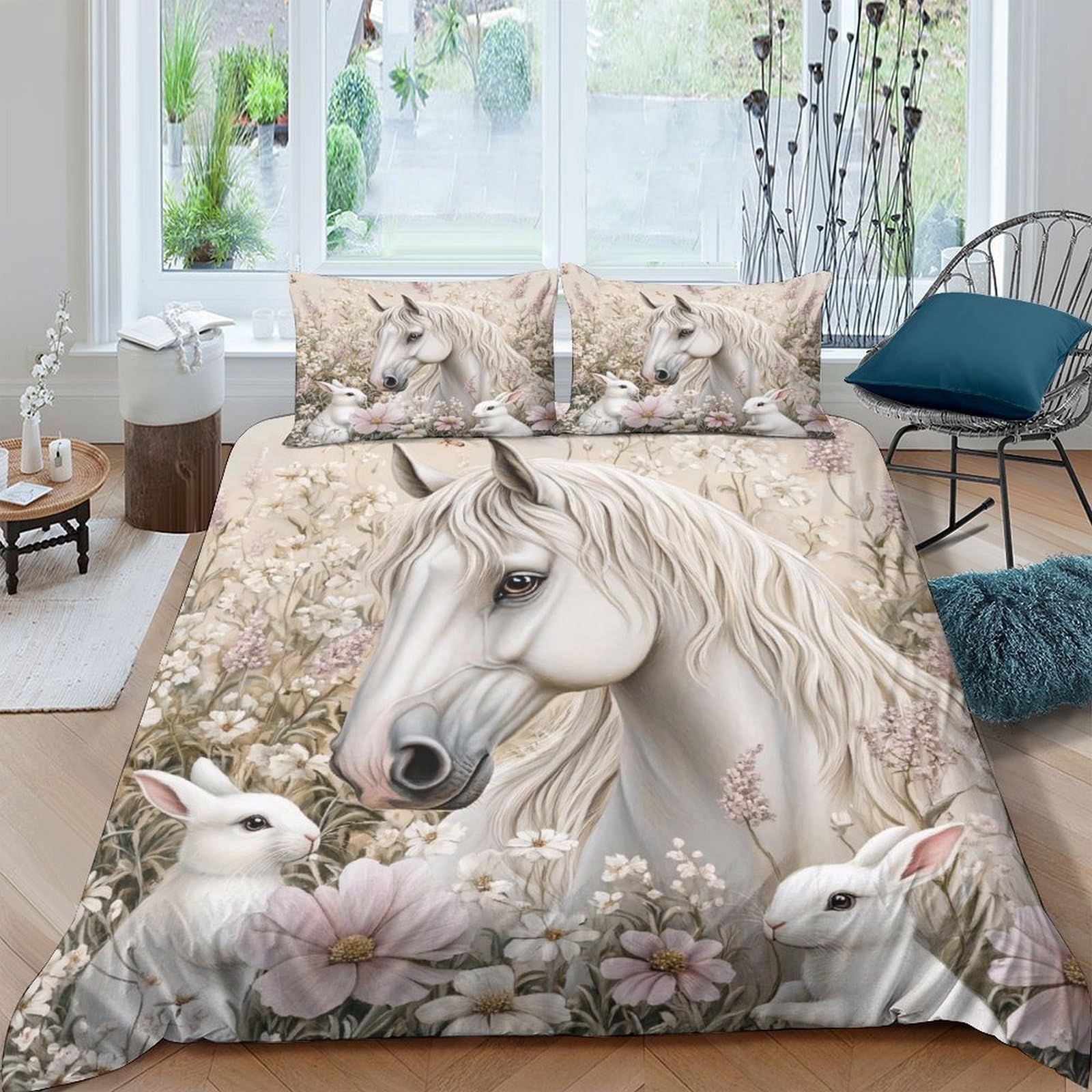 Ctjqhvkz Style-7 3D Printed White Horse Fitted Sheet Microfiber Soft Breathable Rabbit Floral Mattress Cover Bedroom Decor Single（135X200cm）