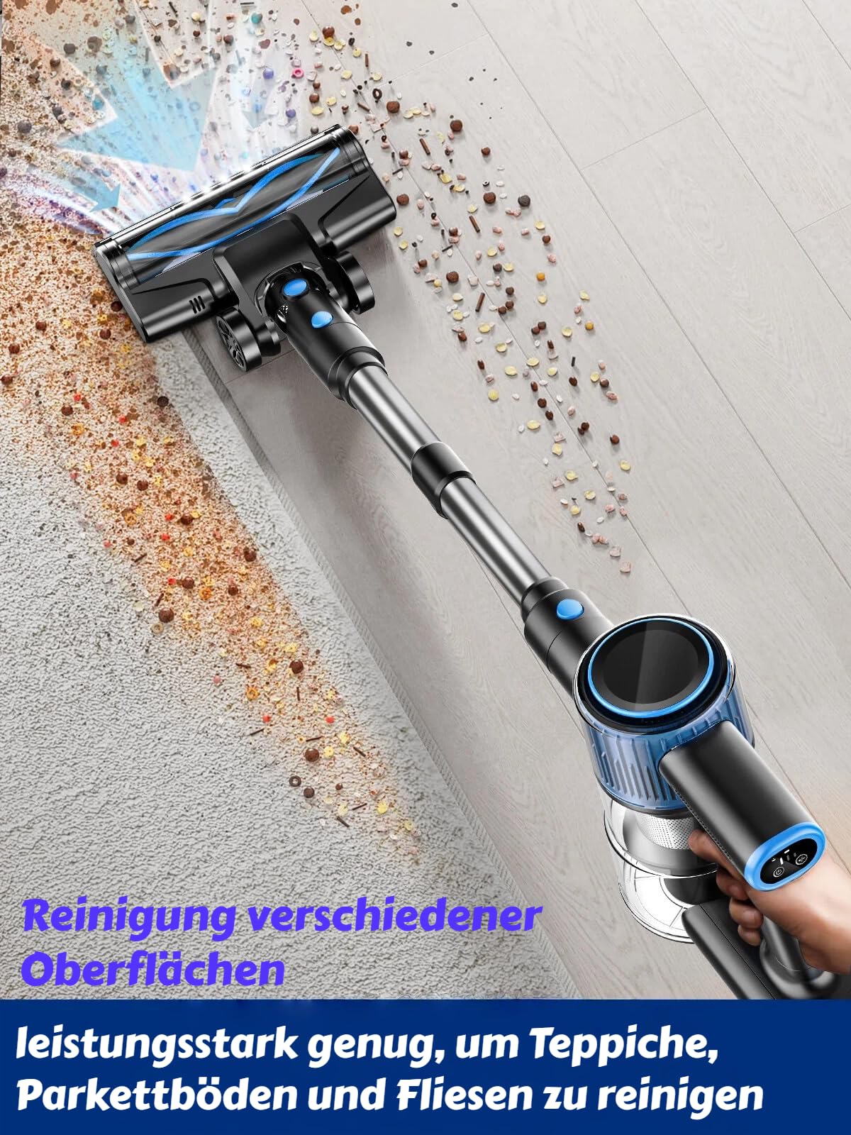 Akku Staubsauger 52KPa/400W/45Min, Kabelloser Staubsauger mit selbststehendem Design, Anti-Tangle Bürste, LED-Display, 3 Saugstufen, abnehmbarer Akku für Tierhaare, Hartböden & Auto - Azure