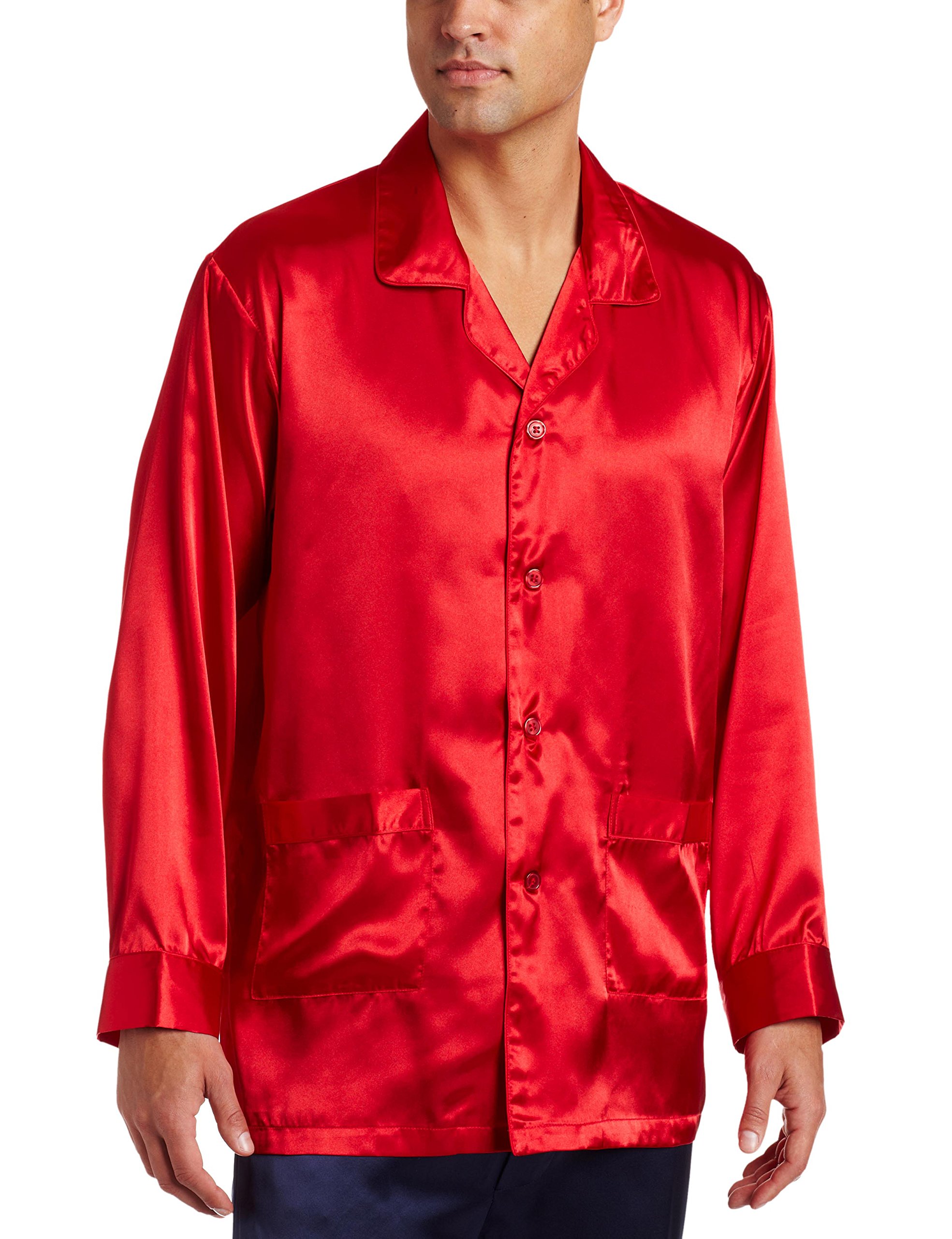 Men's Satin Pajama Sleep Top with Pockets, Red, Medium-image-11