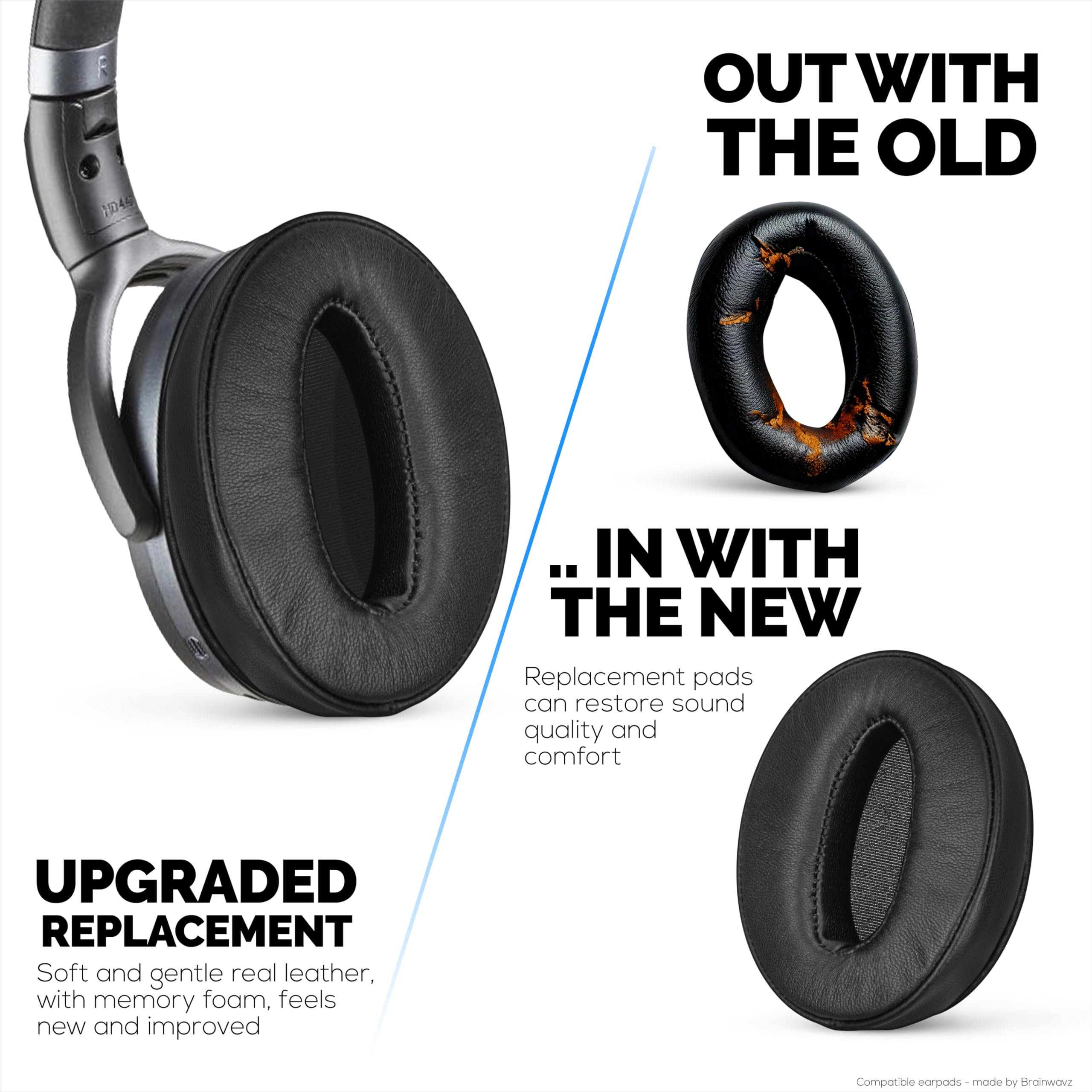 Brainwavz Ersatz-Ohrpolster für Sennheiser HD4.50BT HD4.50BTNC HD450BT HD4.50SE HD4.40BT HD4.30G HD4.20S HD458BT HD450 HD400S HD 350BT Weiches Echtleder + Memory-Schaum für zusätzlichen Komfort – von
