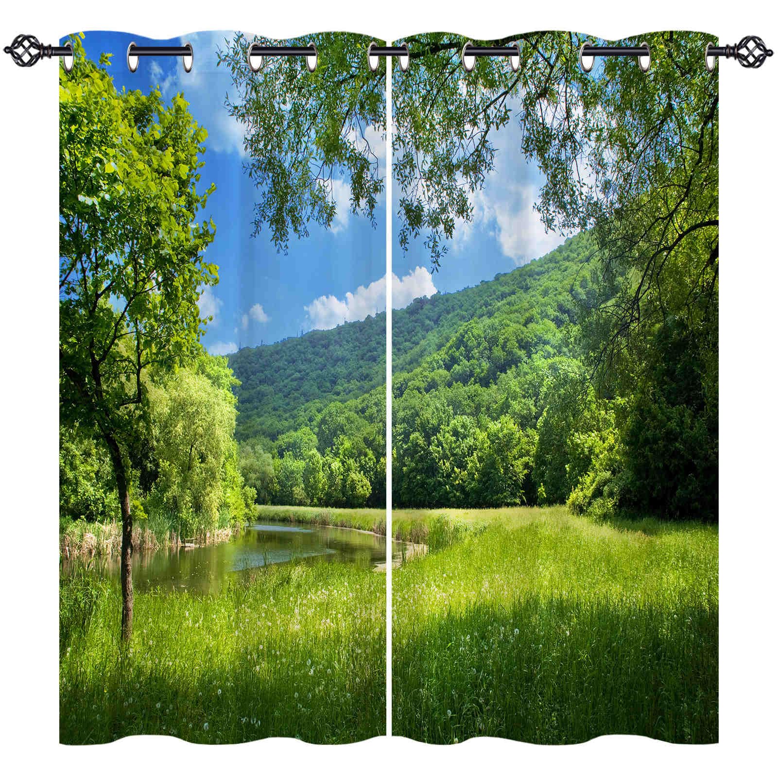 ANHOPE Landscape Curtains Eyelet 80% Blackout Room Darkening Curtains Nature Forest River Print Pattern Thermal Insulated Privacy Window Drapes for Bedroom Living Room 66 x 54 Inch Drop 2 Panels — image 1