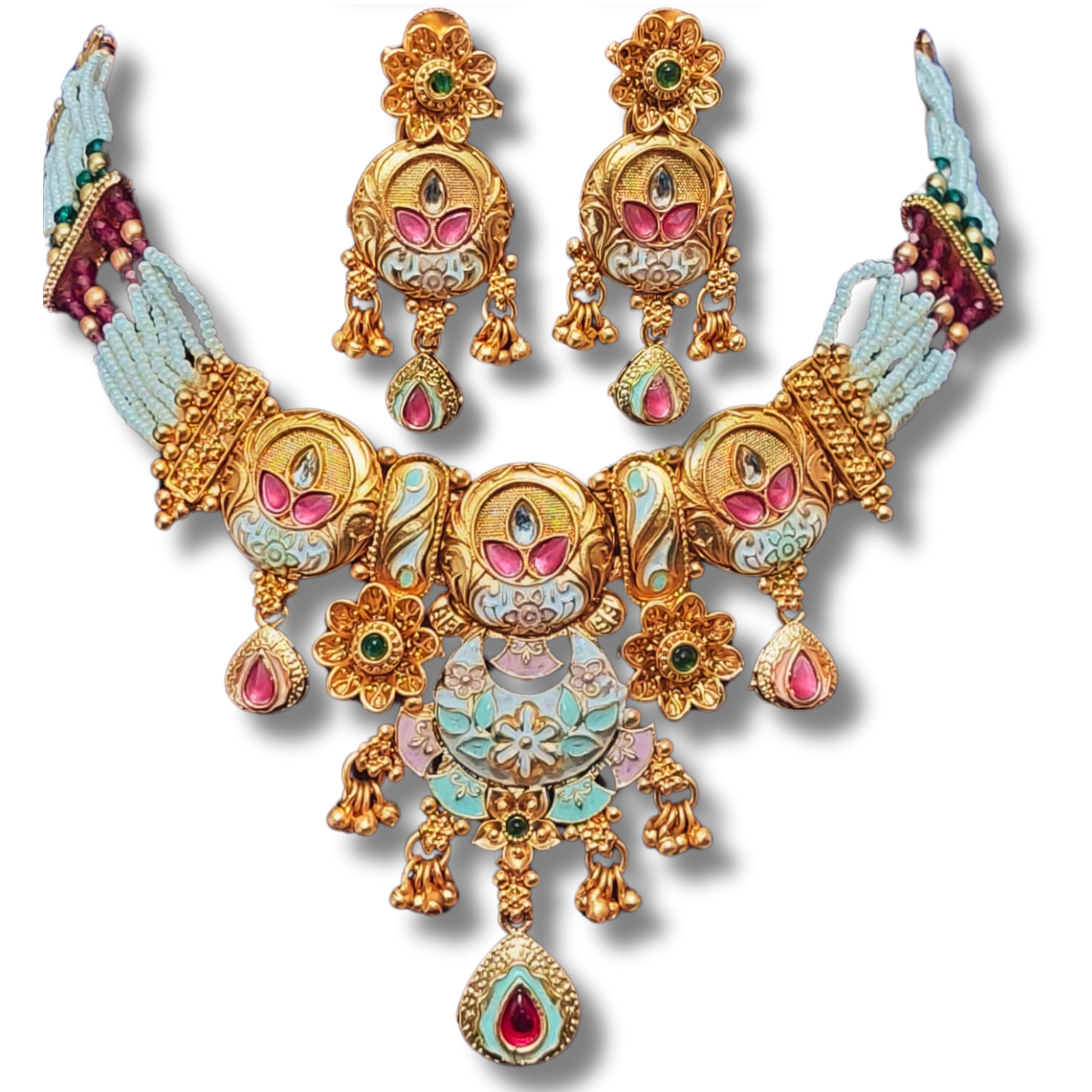 Achyut The Infalliable Womens Rajwadi Gold Plated Chik Necklace Set with Earrings - Rajwadi Floral Design Chokor Motimala Jewellery for Girls pink and green (B0CZ4DNQQW) Amazon Price History, Amazon Price Tracker