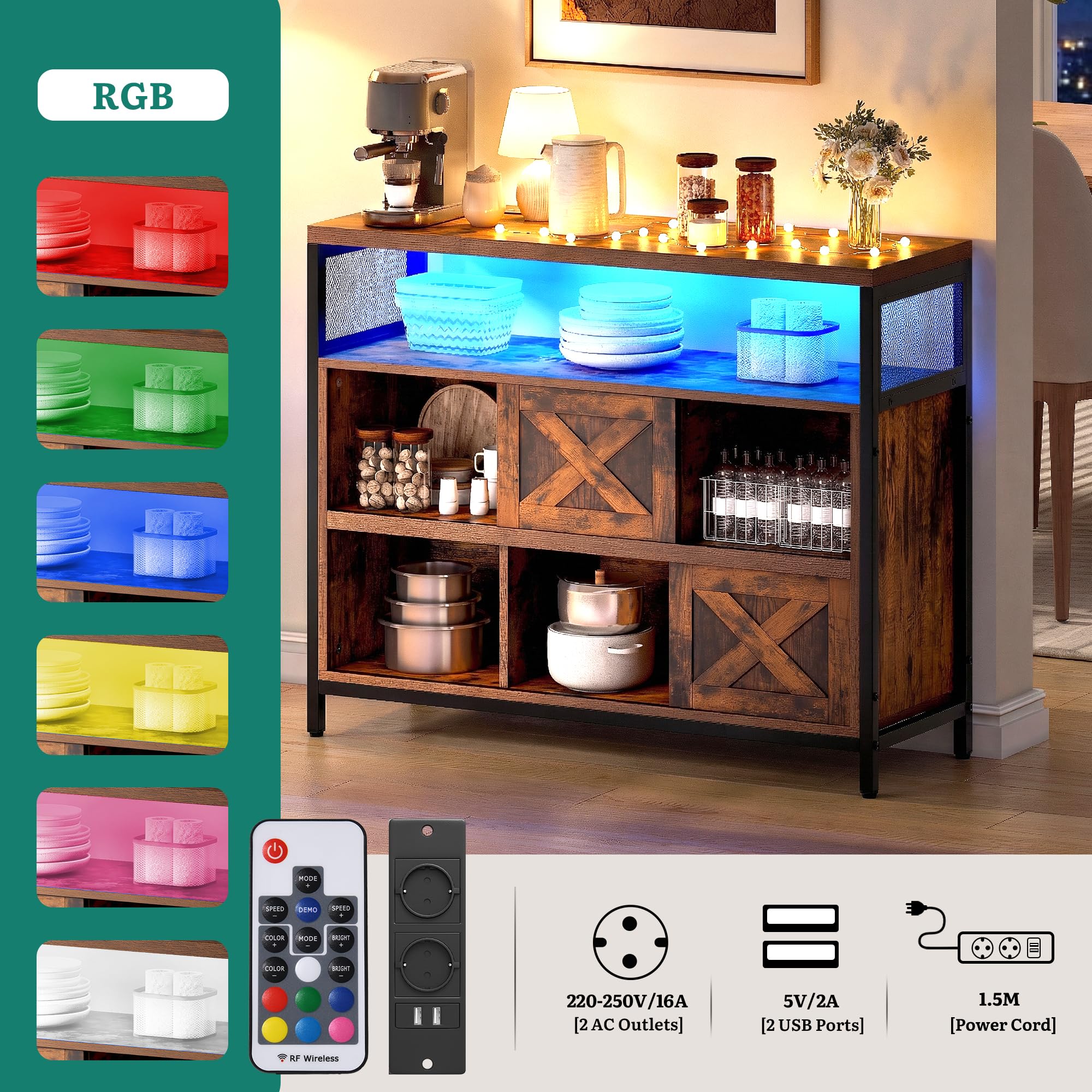 YITAHOME Sideboard mit LED und Steckdosen, Kommode mit Schiebetüren