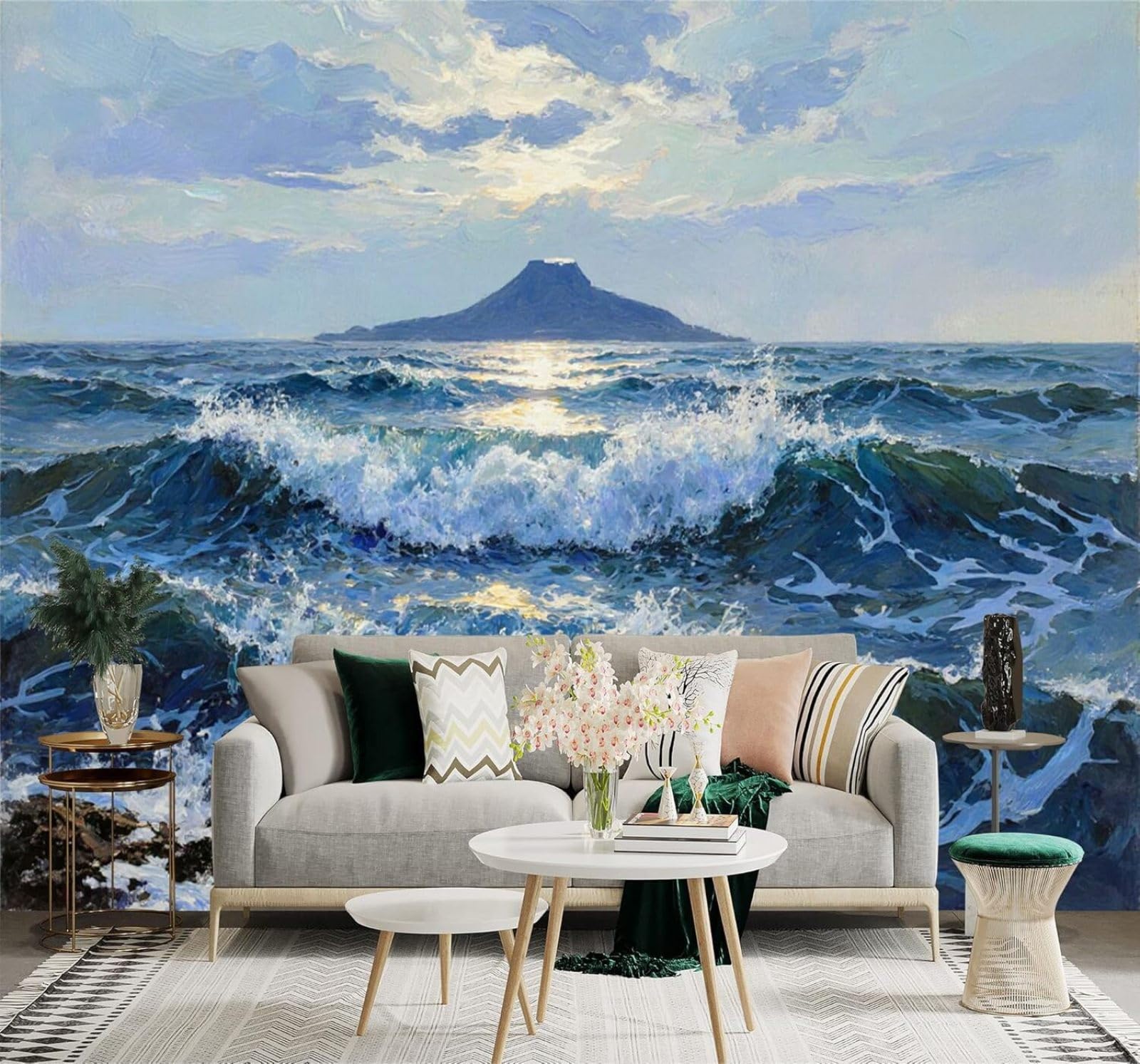 XLMING Island Sunlight Reflection Waves Seascape Art 3D Wallpaper Silky Texture Home Study Office Grey Dining Room Sofa Bedroom Living Room TV Backdrop-300cm×210cm