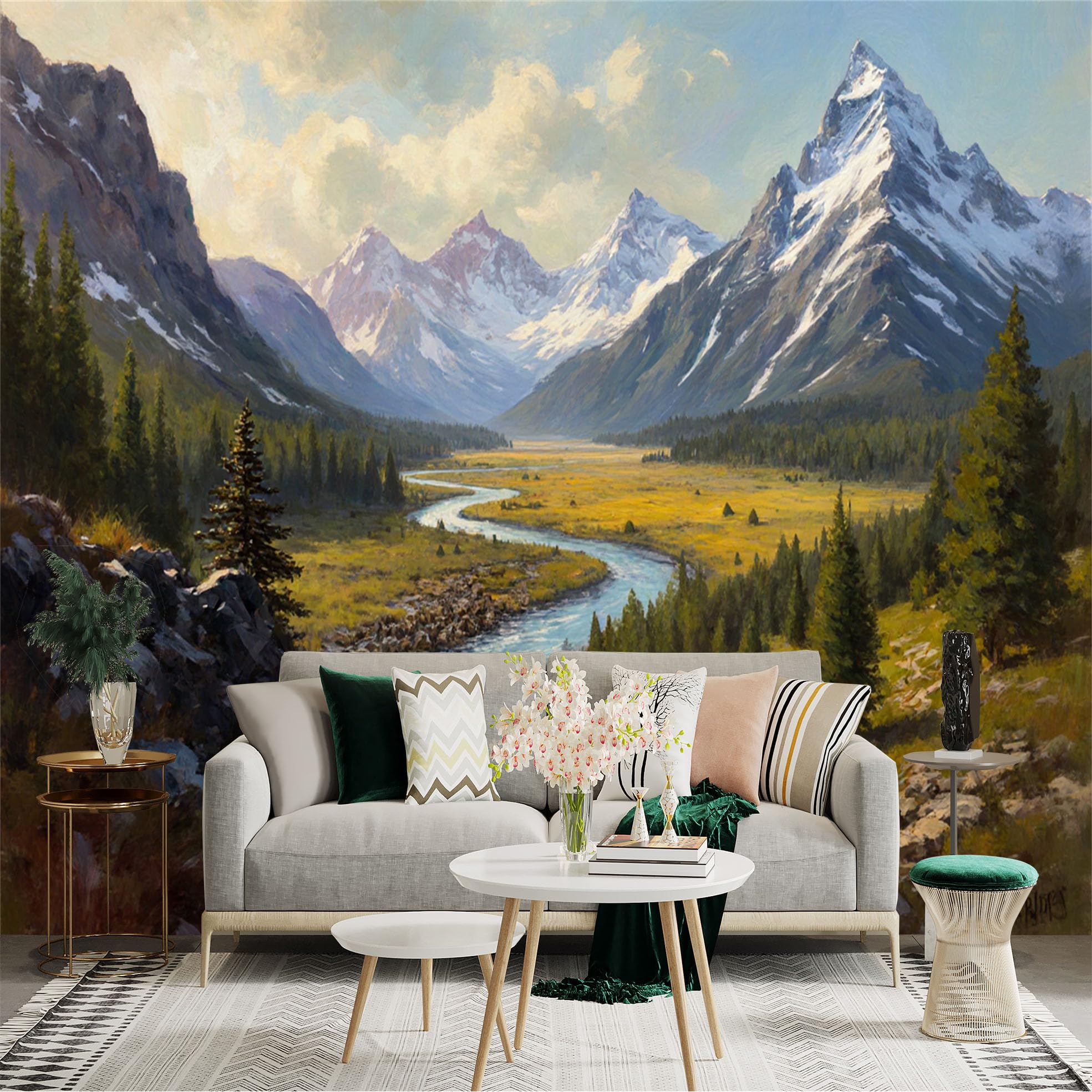 Lnzczhyre Xc260505212 Custom Size Wall Sticker Mural， Majestic Snow Capped Mountains， Winding River Valley， Evergreen Forest Scenery， Peaceful Nature Landscape， For Wall Decoration， Peelandstick Wall Decals.