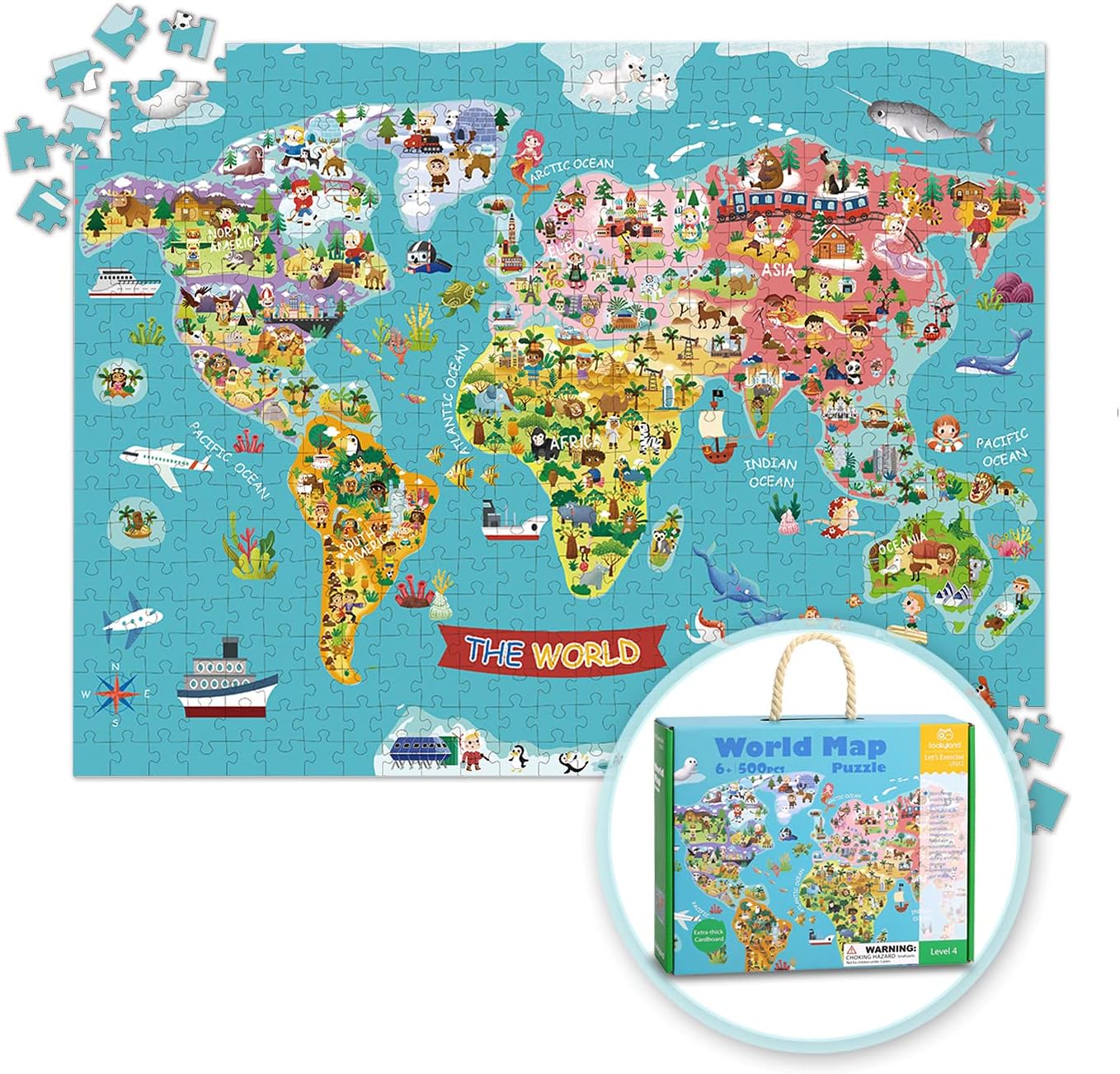 TOOKYLAND World Map Puzzle for Kids, Map Puzzle 500 Pieces World Puzzles with Continents, Geography Puzzles Map Learning for Kids Age 6+