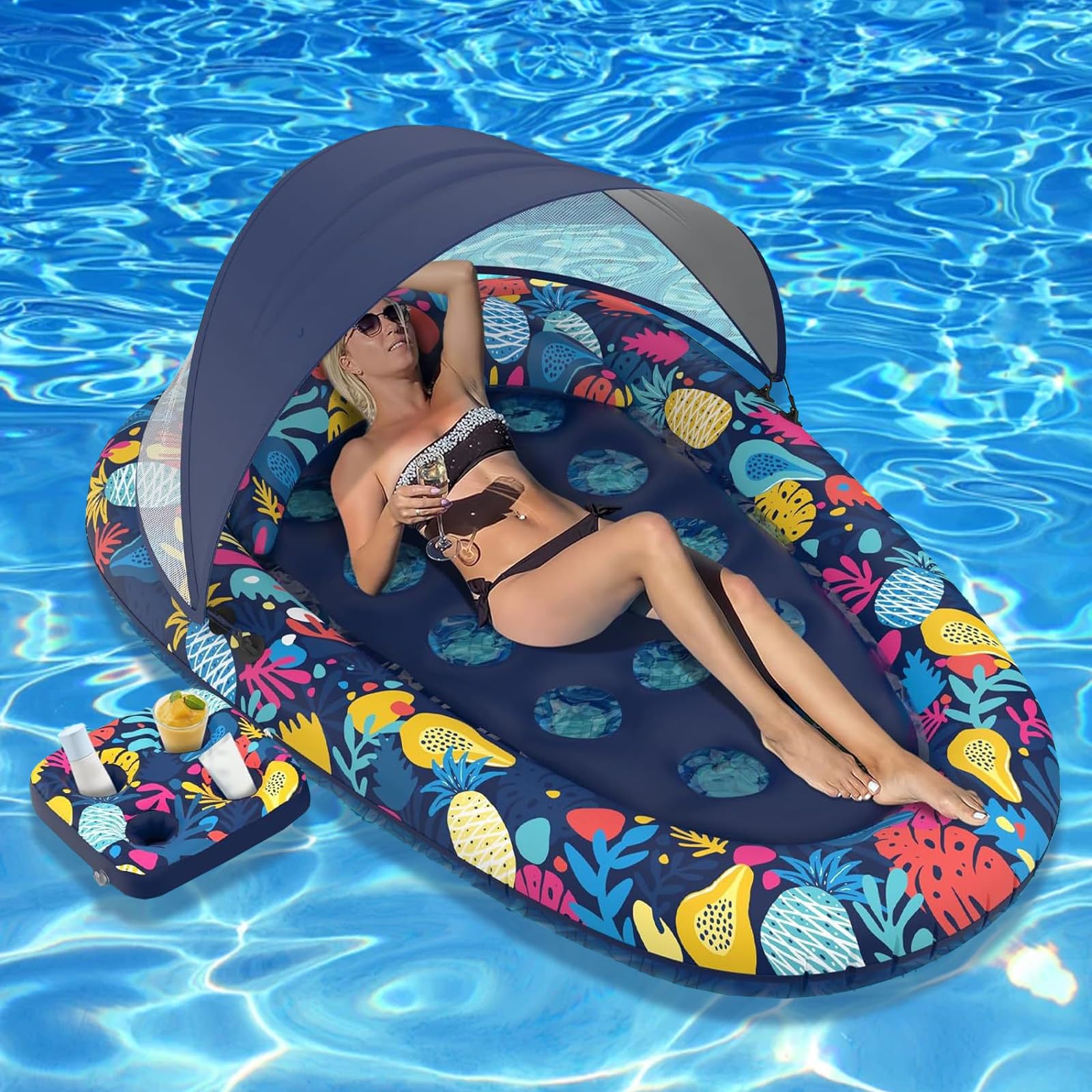 Colchoneta Hinchable Piscina,Flotador Inflable Piscina Grande,con Toldo de Sombra Desmontable,Portabebidas,Colchoneta Hinchable Piscina Adultos,para Adultos Piscina Playa Fiestas Verano