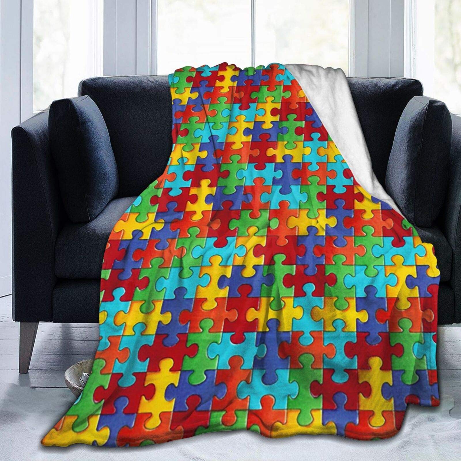 Fifbird Girls Colourful Jigsaw Puzzle Pieces Fleece Blanket Throw Anti-Pilling Flannel Throws Reversible Car Blanket For Couch Bed Sofa (Colourful Jigsaw Puzzle Pieces) 50"X40"