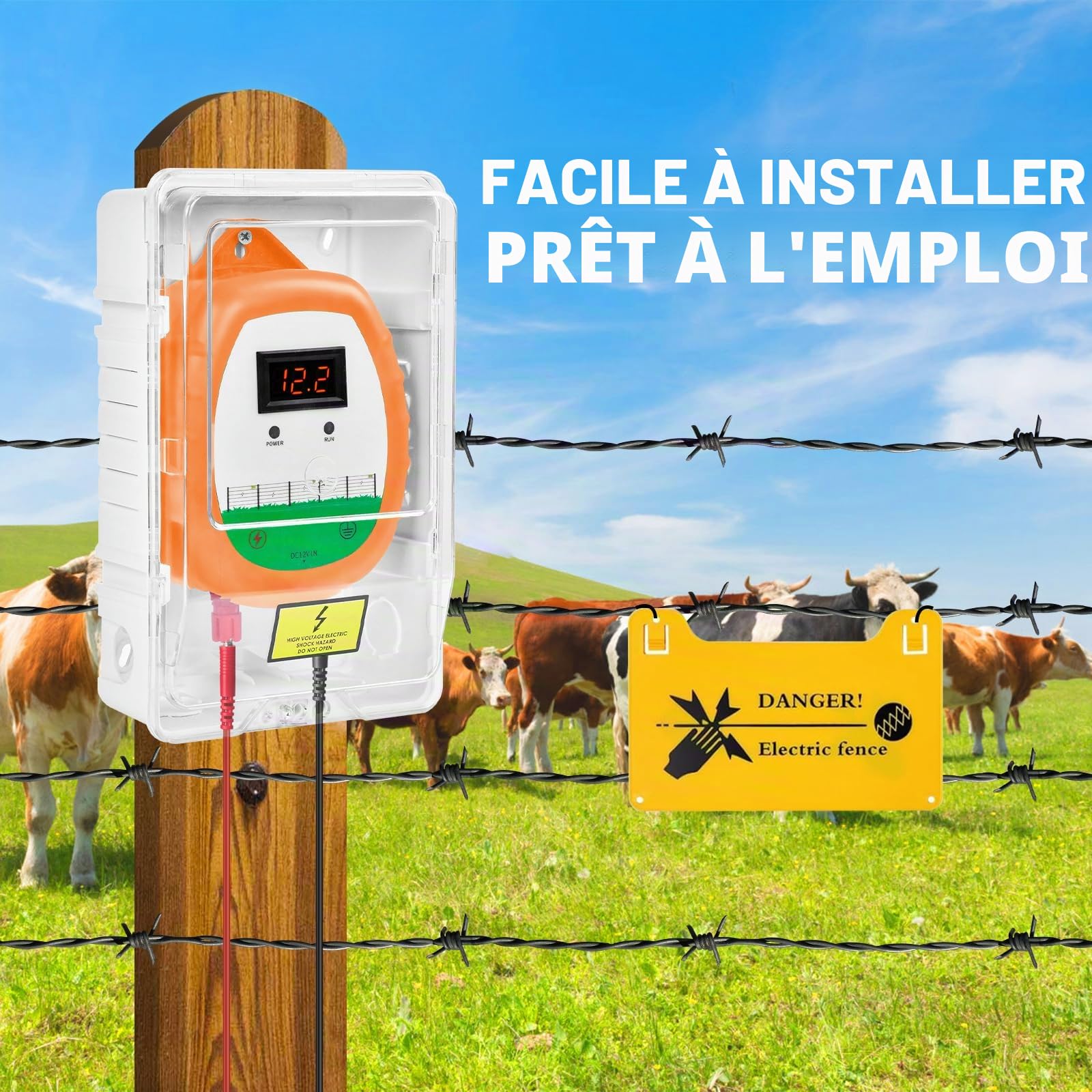 Cloture Electrique de 10 km Clôture électrique Kit : 1 électrificateurs + 1 fil canducteurs 200 m 2,2 mm² + 1 étui étanche - Clôture électrique pour bétail, chevaux, bergers (Orange)