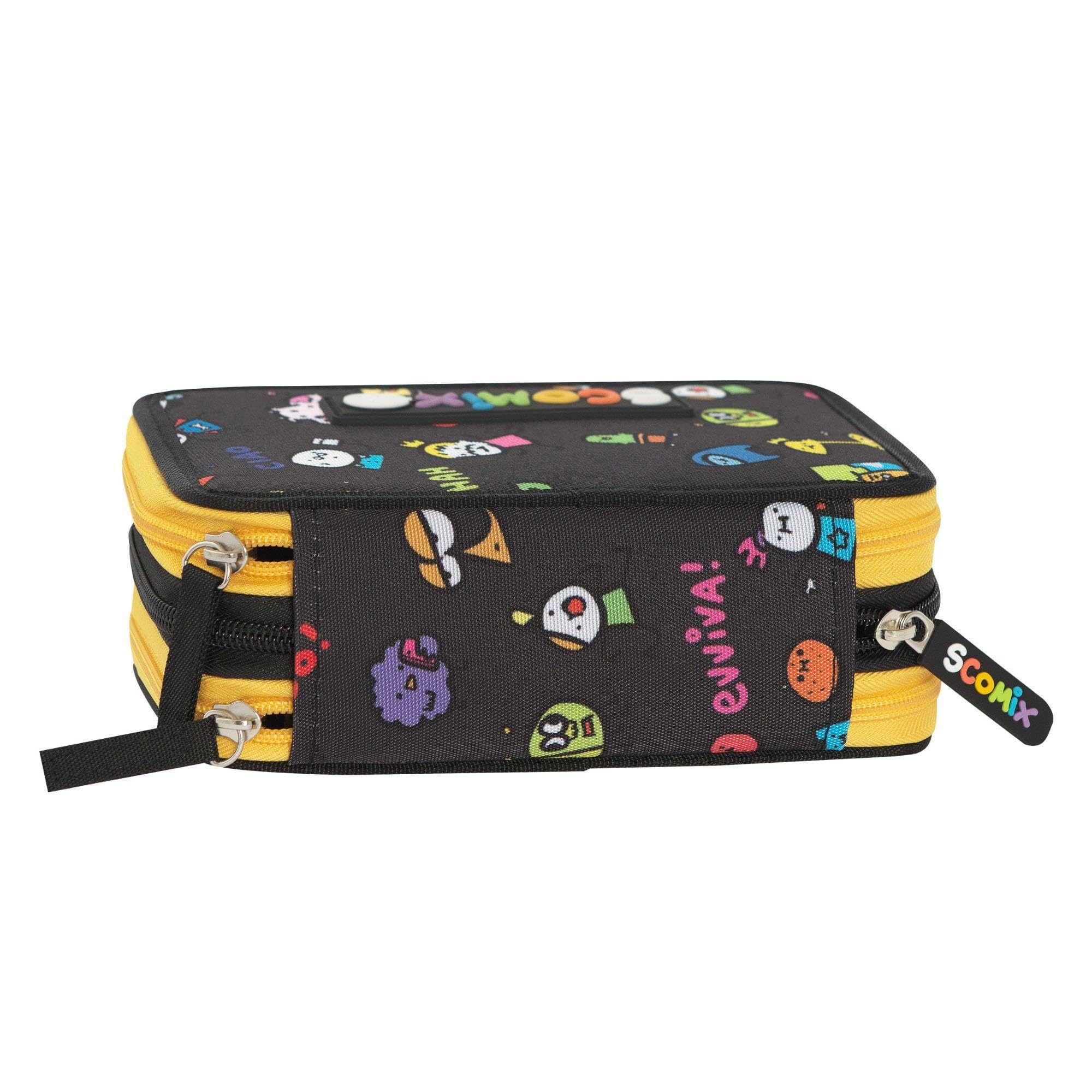 COMIX Scomix by Sio - Astuccio Scuola, Astuccio 3 Scomparti per Bambini e Bambine, con Set Cancelleria Completo, 5 Etichette Portanome e Pratiche Chiusure a Zip, 20x13Hx7 cm