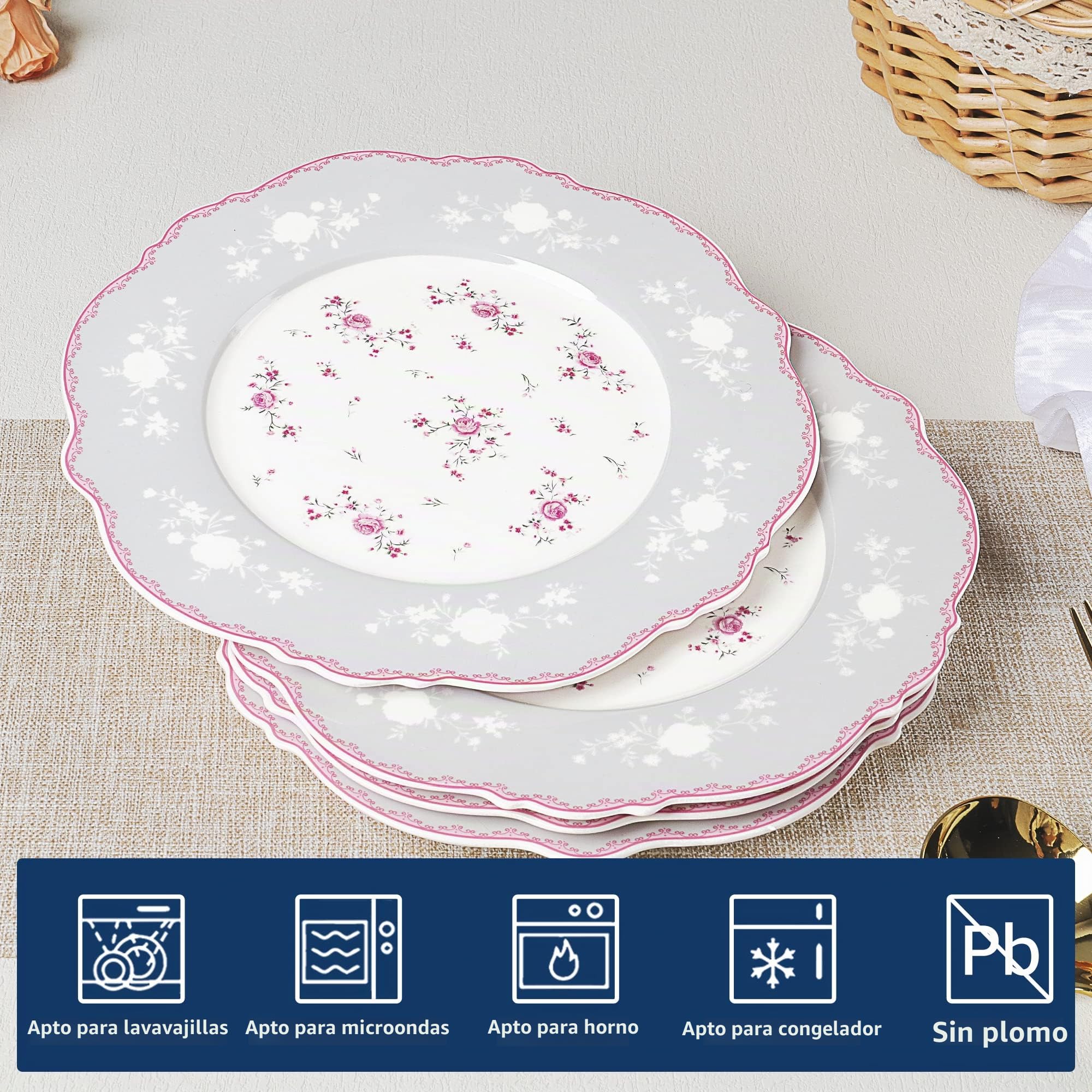 fanquare Platos Porcelana de Postre para 4 Personas, 20.8cm Platos para Ensalada Florales Rosa, Vajilla con Borde Oro para Regalos Cocina