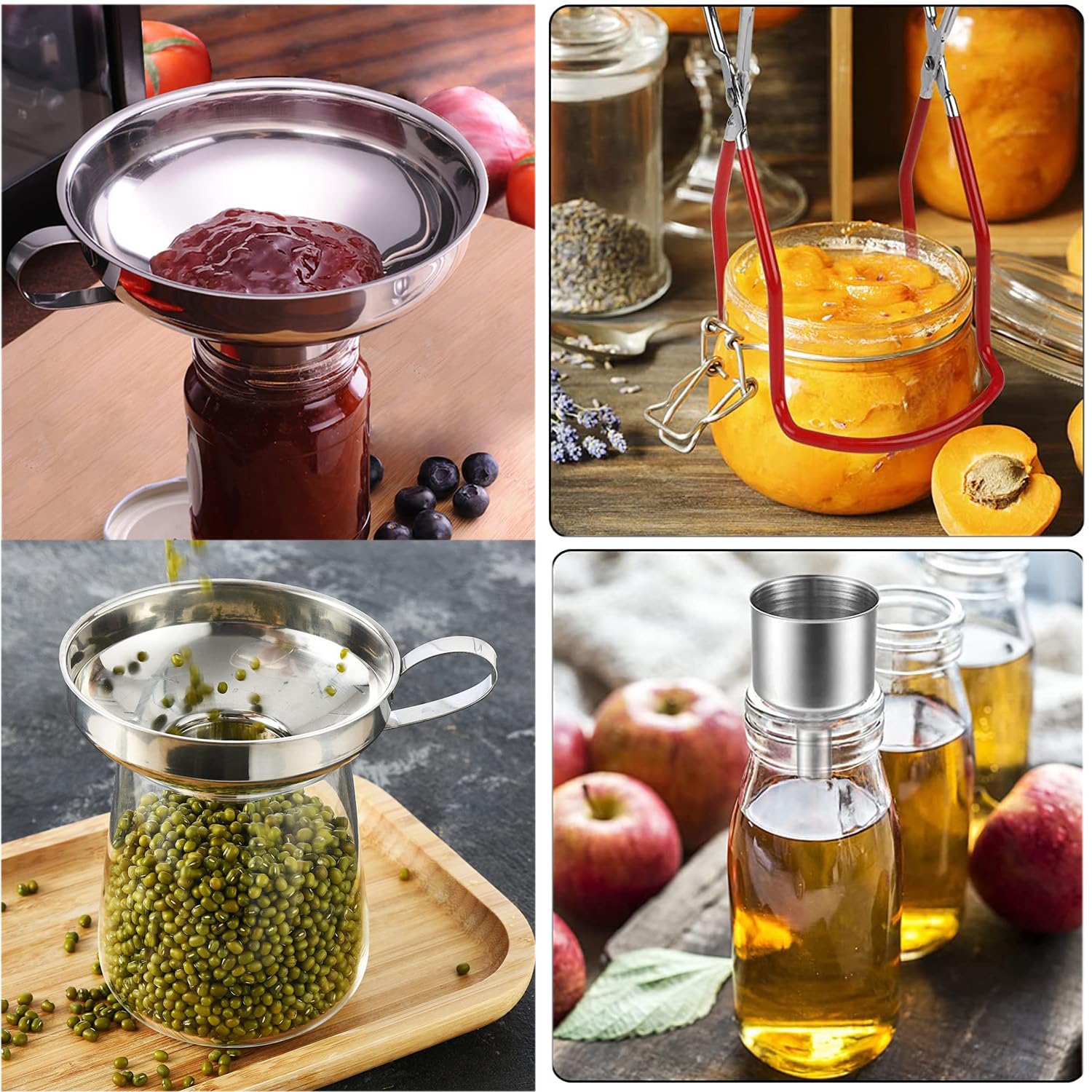 Juego de Embudo de Acero Inoxidable, Embudo Cocina, Embudos para Mermelada, Con Elevador de Tarros y Filtro, Embudo para Rellenar Líquidos, Aceites, Vino y Salsas