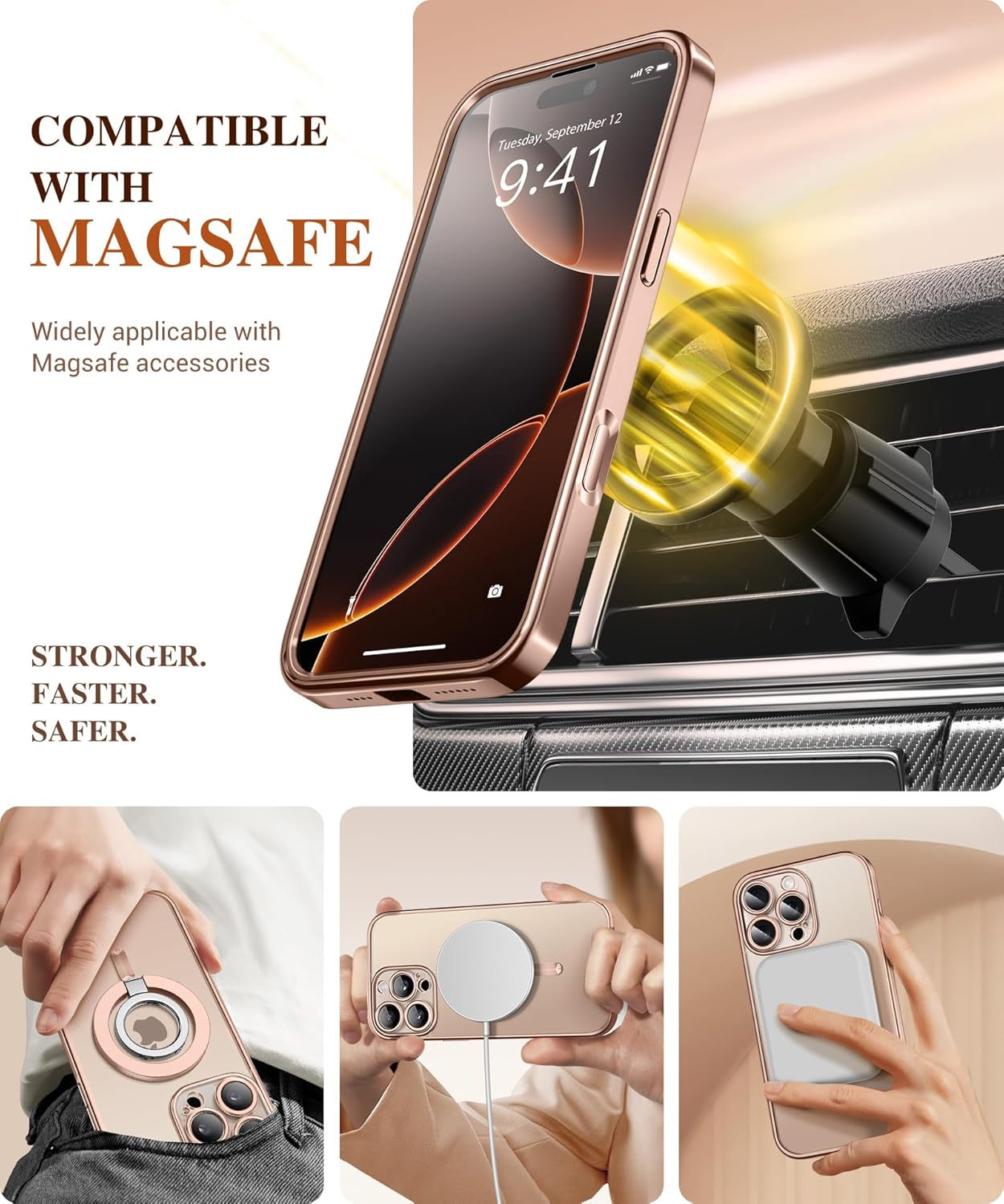 BERFY for iPhone 16 Pro Max Case, Compatible with MagSafe, Built-in 9H Tempered Screen Protector and Camera Protection, Full Body Shockproof Plating Phone Case for 16 Pro Max 6.9", Desert Gold - Image 7
