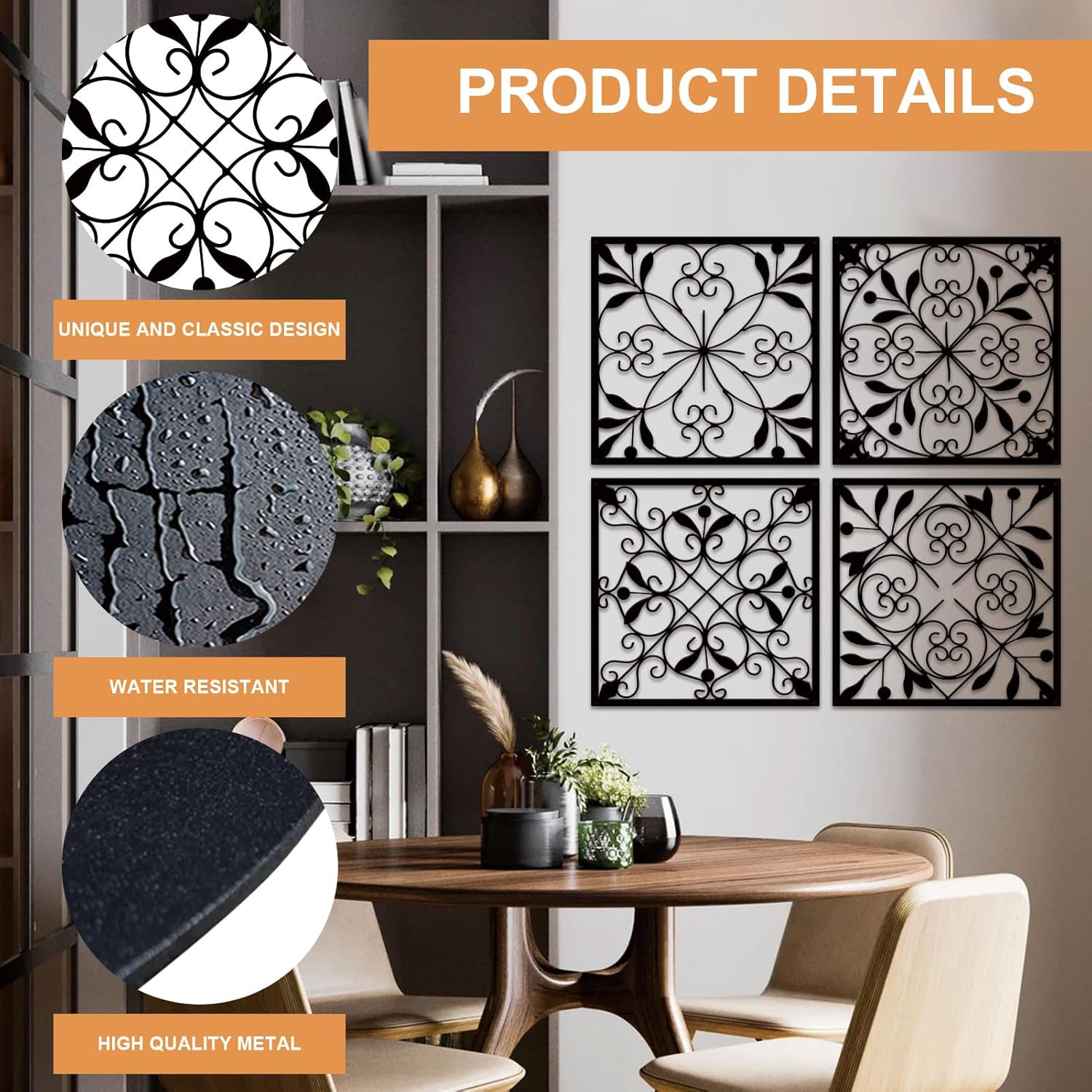 Resama 4 Pieces Rustic Wall Decor Farmhouse Wall Decor for Living Room Metal Hollow Carved Design Metal Decorative for Home Bedroom Kitchen Office (Black,Square)
