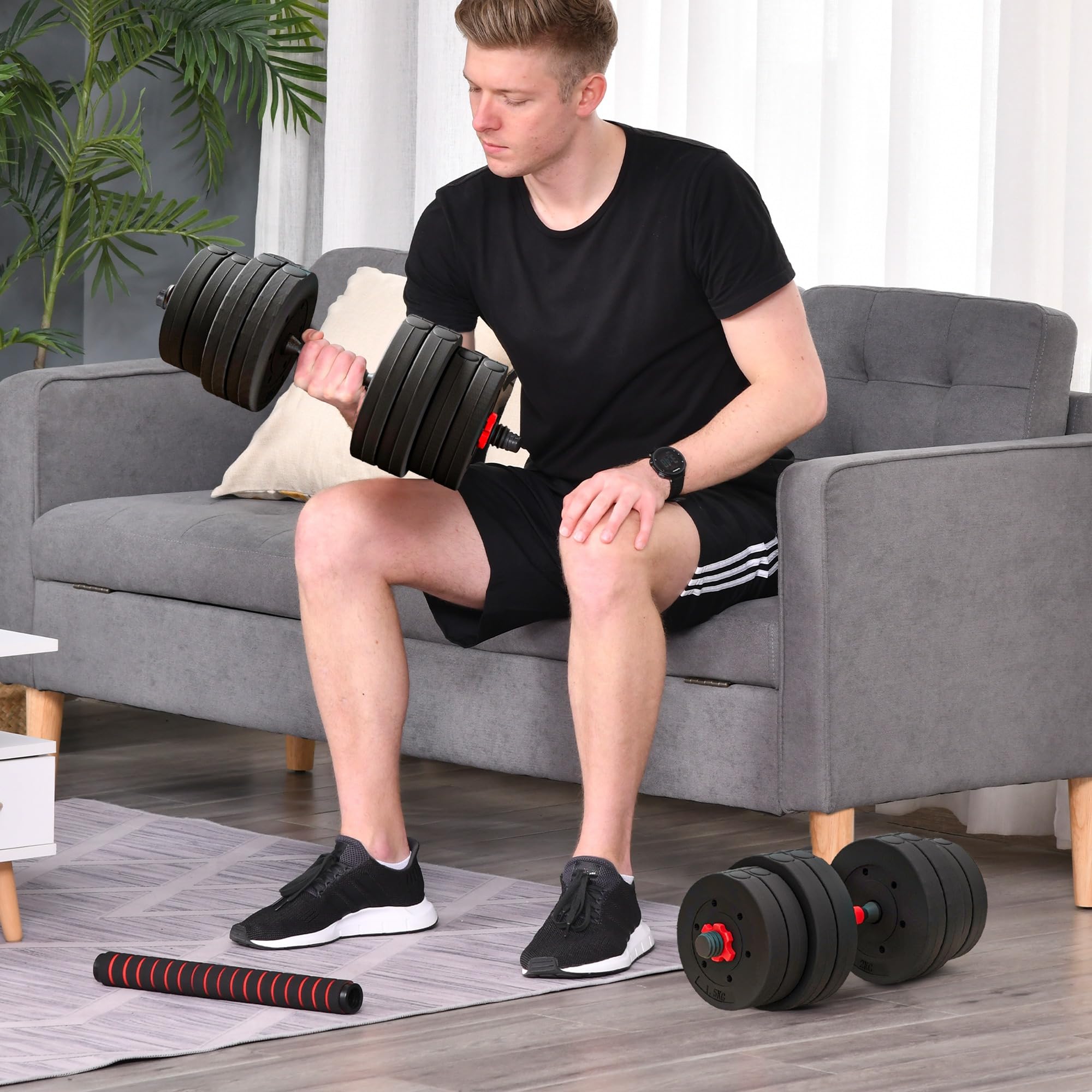 HOMCOM Set Manubri 2 in 1 da 20/25/30kg Totali con Dischi Pesi e Connettore, Set Manubri Regolabili Utilizzabile come 2 Manubri, Bilanciere, Palestra in Casa, Nero