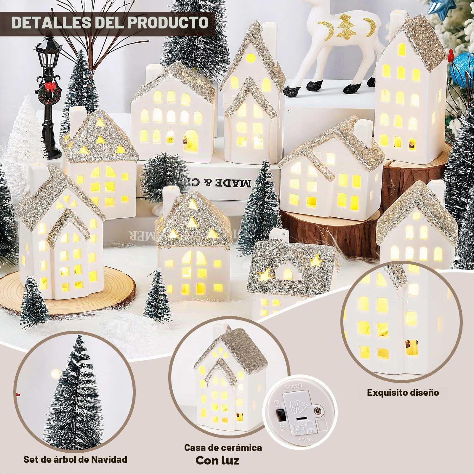 Juego de 29 piezas de cerámica de pueblo de Navidad con luz de té, pinos, lámpara de calle de Navidad, porcelana blanca, decoración de mesa (LR44 integrada)