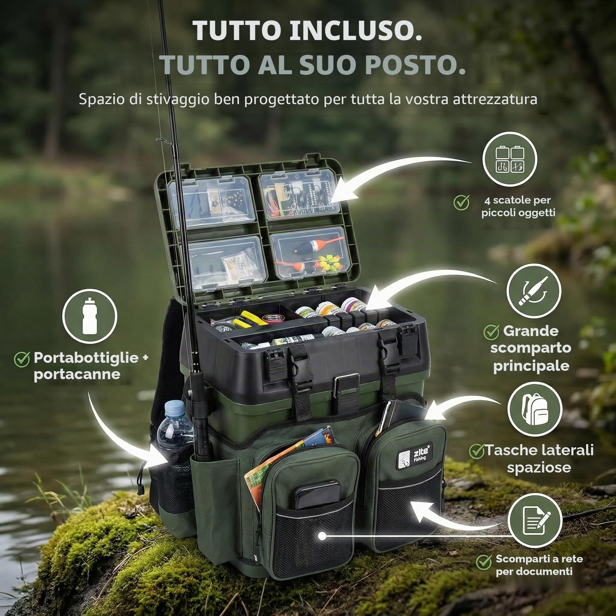 Zite Fishing - Zaino multifunzione con seduta, include 4 scatole in plastica nel coperchio, ideale per riporre accessori da pesca