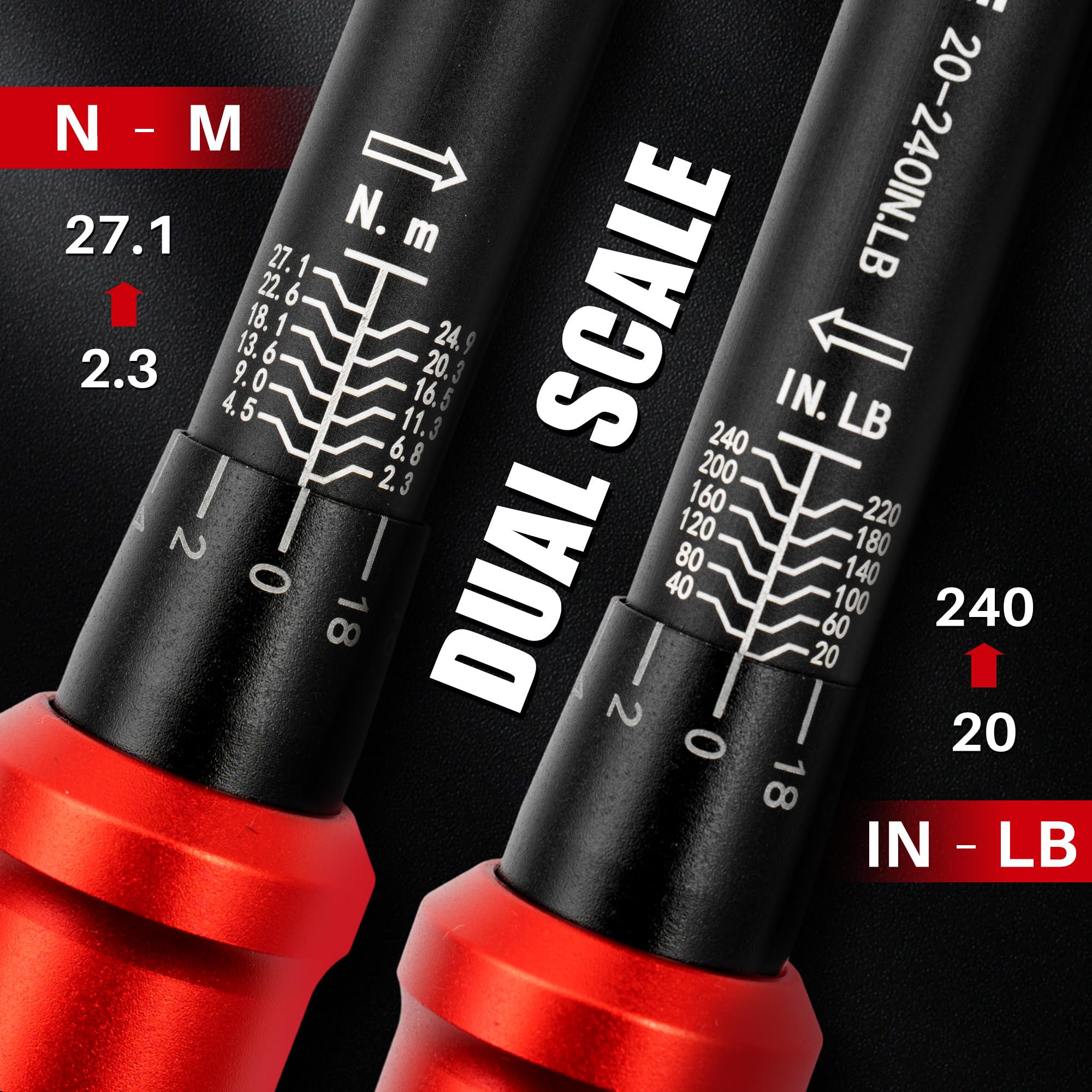 Llave dinamométrica de 1/4 pulgadas, 20-240 en Lb/2.3-27.1 Nm, llave dinamométrica ajustable de 72 dientes de doble dirección, con escalas de doble rango, alta precisión del 3% para reparación