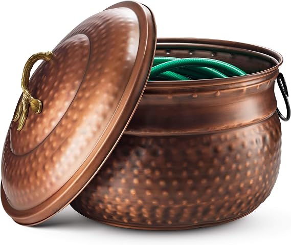 Decorative Garden Hose Pot Holder and Lid 16x16x12 | Hose Container Pot Outdoor or Indoor Use | Expandable Water Hose Storage | Holds Up to 100 ft Hose - Handmade
