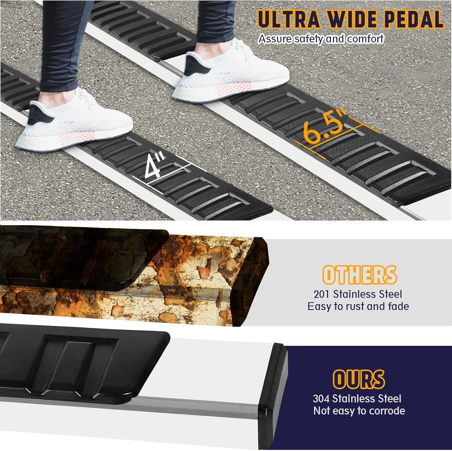 Before and after installation comparison of running boards on a truck, showing improved aesthetics and functionality.