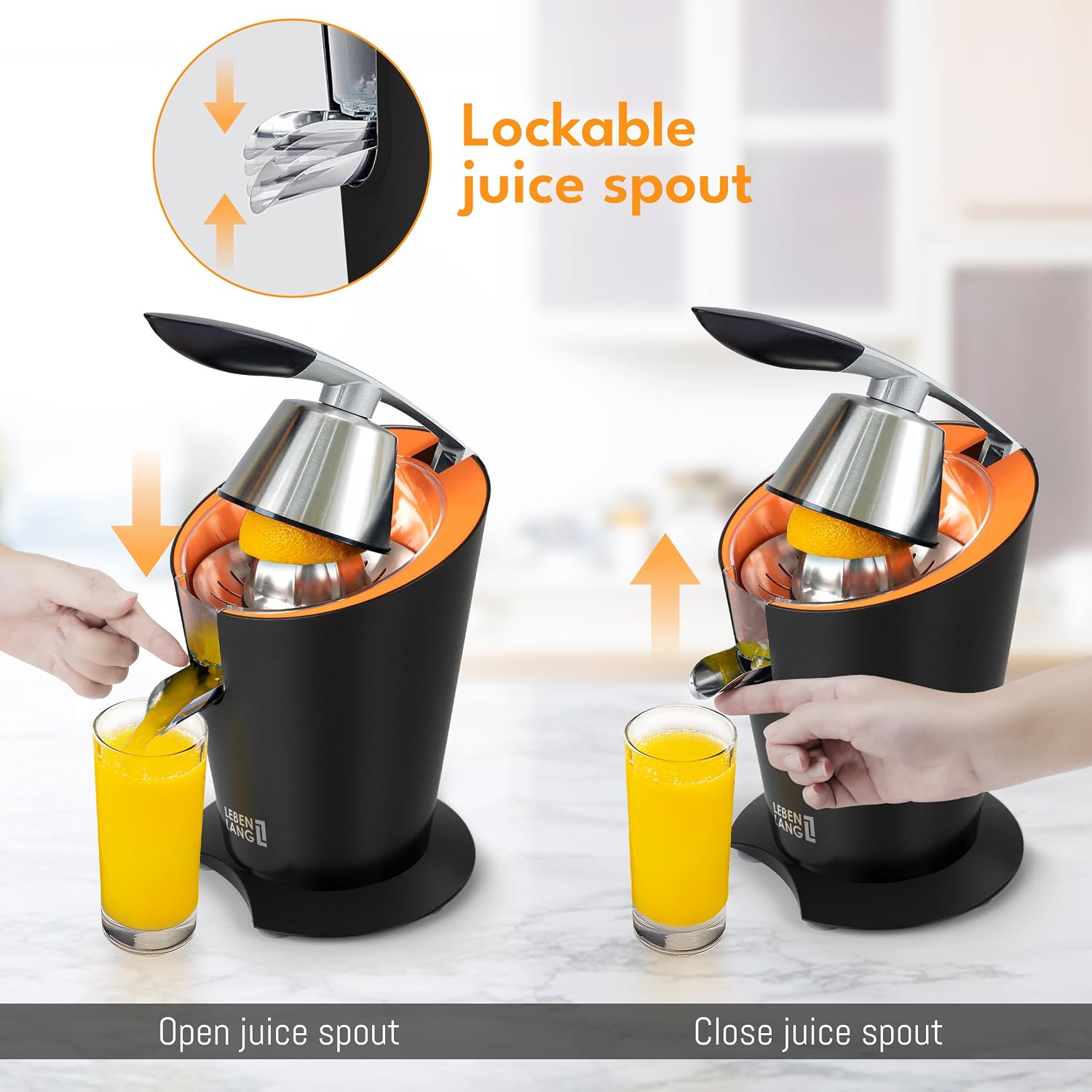 LEBENLANG Stainless Steel Electric Orange Juicer 600W I Incl. Stainless Steel Cone & BPA-Free | High Juice Yield for Oranges & Lemons | Electric Juicer Citrus Press Fruit Press