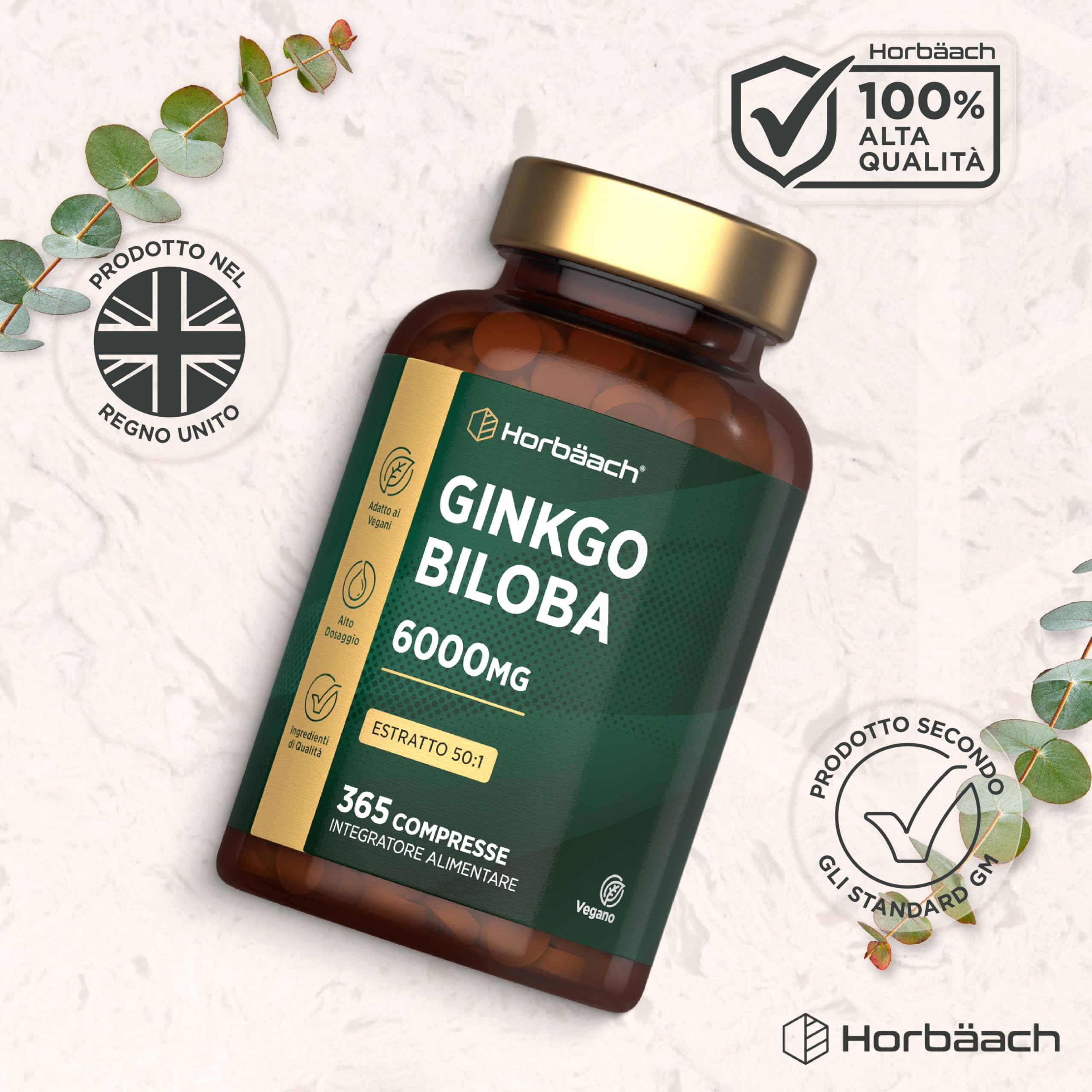 Ginkgo Biloba 6000mg | 365 Compresse Vegane (1 Anno) | Estratto 50:1 ad Alto Dosaggio | Ginkgo Biloba Forte (non capsule) | Facile da Deglutire | Horbaach
