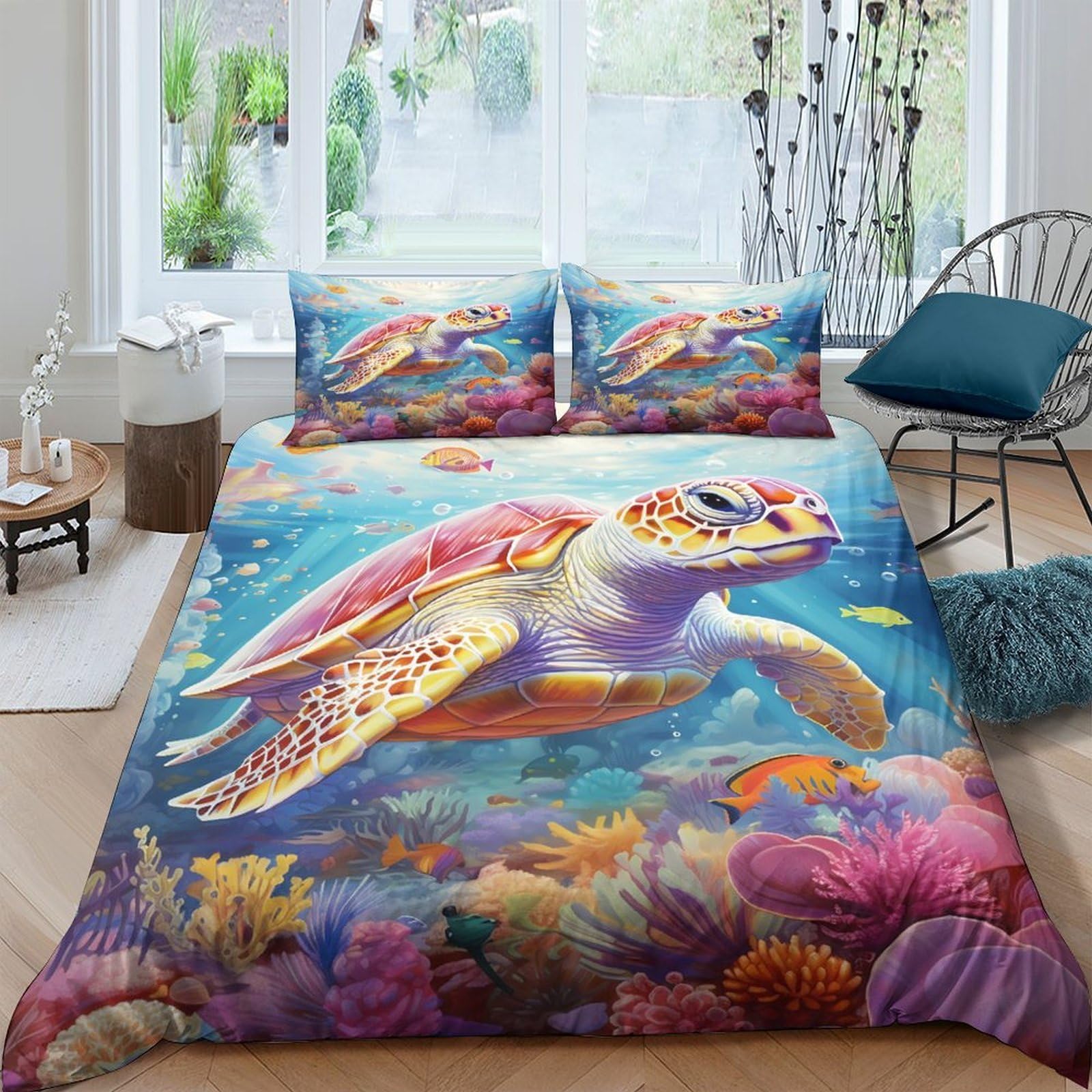 GPLZQXKJNH 3D Printed Sea Turtle Ocean Duvet Cover Microfiber Soft Breathable Coral Reef Bedding Set with 2 Pillowcases for Bedroom Decor Single（135x200cm）