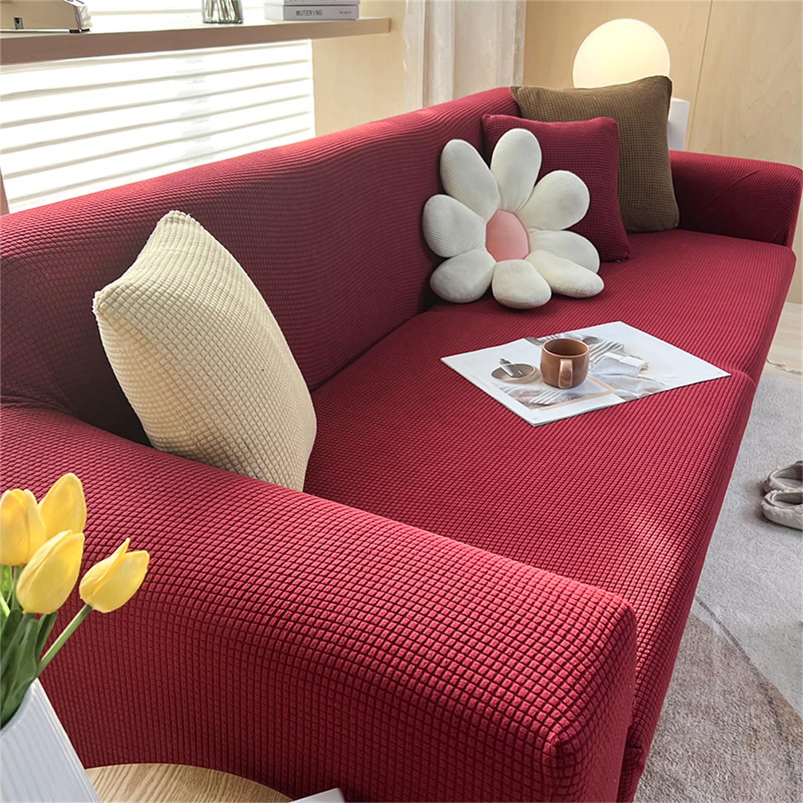 Hixingo Jacquard Anti-Slip Anti-Scratch Sofa Cover,1 2 3 4 Seater Couchcover Stretch Sofa Covers, Full Coverage Settee Protector Soft Protector for Living Room Home Decor (Red,4 Seater)