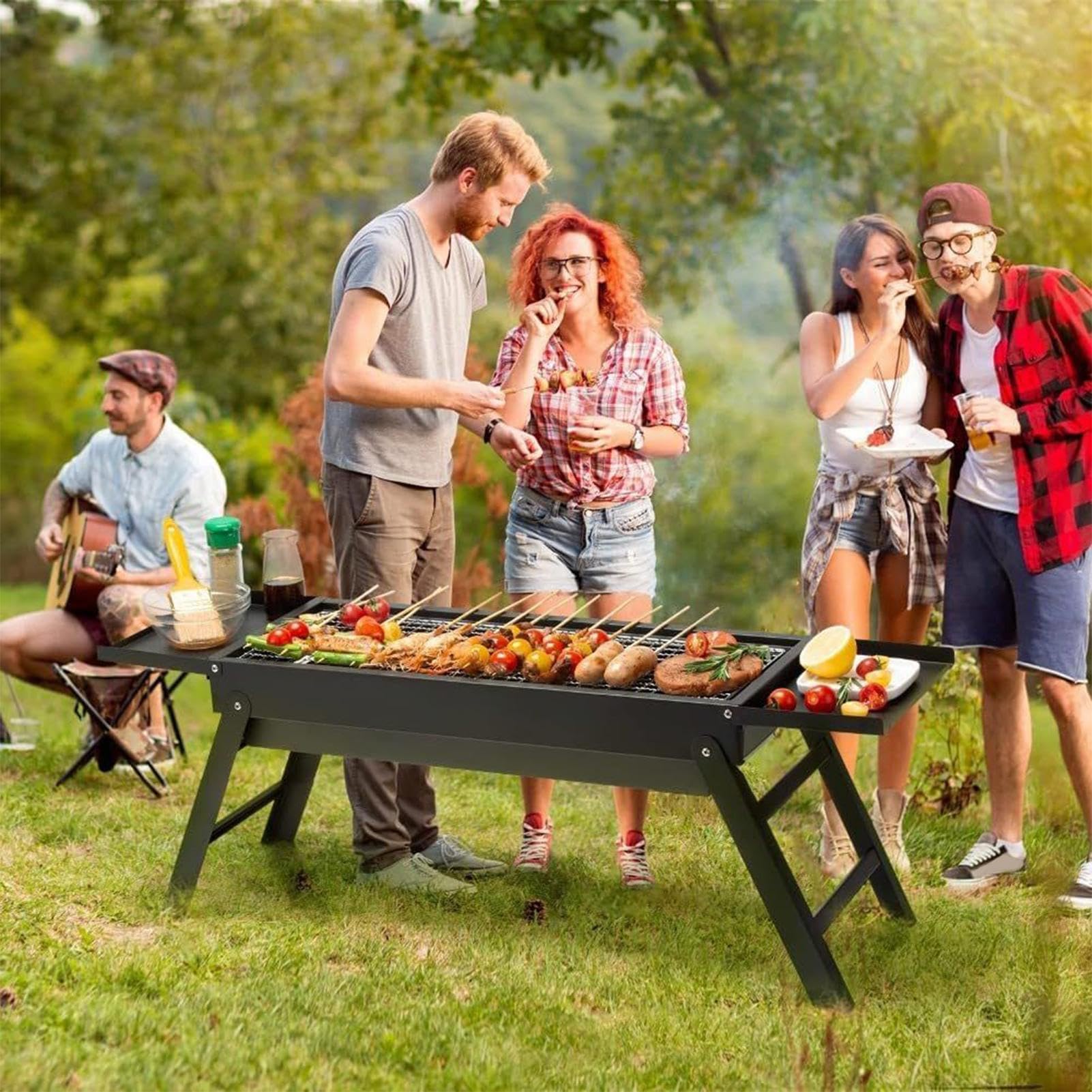 Przenośny grill na węgiel drzewny - składany grill na zewnątrz ze stolikiem bocznym - 87 x 22,5 x 30,5 cm - idealny na piknik, kemping i sprzęt do gotowania na podwórku