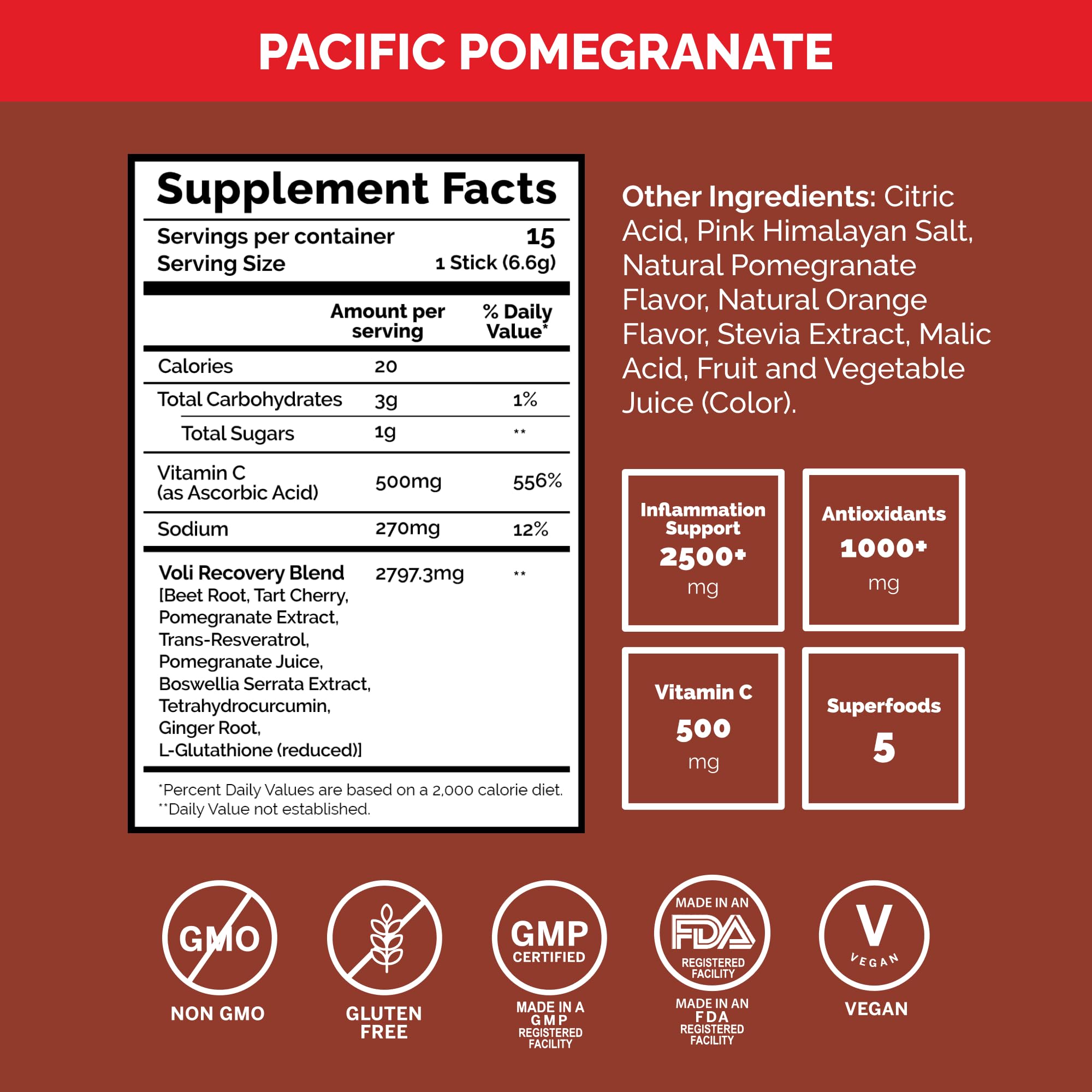Voli Muscle Recovery Post Workout Drink Mix Packets | + Superfoods Curcumin, Tart Cherry, Ginger & Glutathione | Leg Cramp & Inflammation Support | No Added Sugar, 15 Count, Pacific Pomegranate — Amazon image 3
