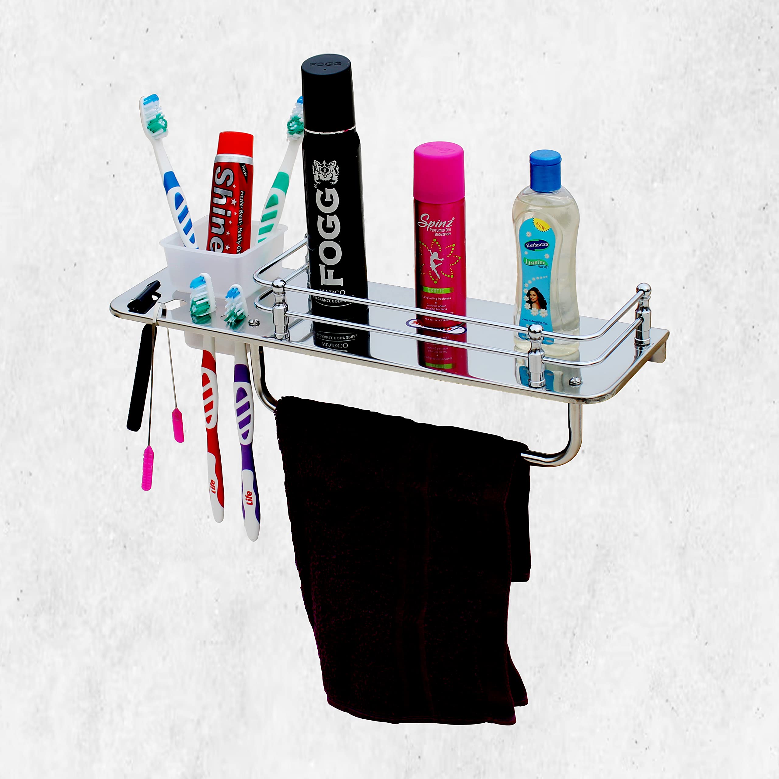 SQUARO Stainless Steel 3 in 1 Multipurpose Bathroom Shelf Shelves/Rack/Toothbrush Stand/Towel Hanger Ring/Tumbler Holder/Bathroom Accessories Set Home (15 x 5 Inches) (B0C3MSZHLV) Amazon Price History, Amazon Price Tracker